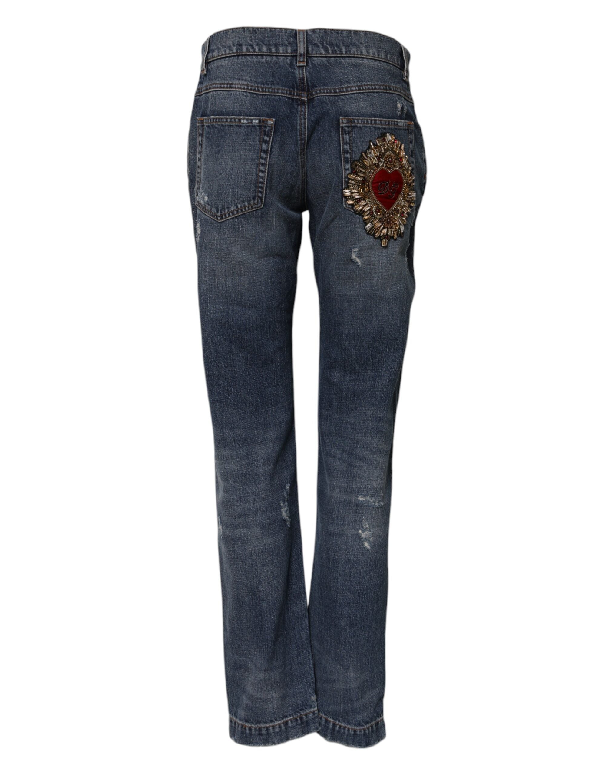 Blue Cotton Tattered Boyfriend Denim Jeans - ventzia