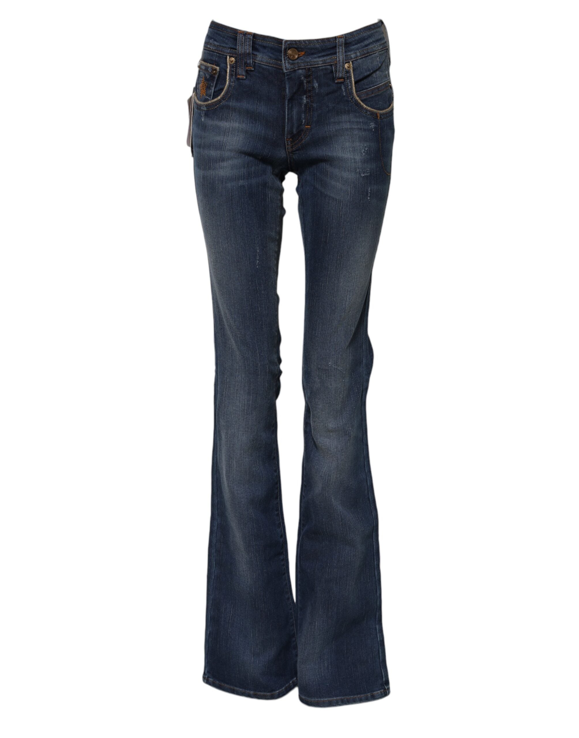 Blue Cotton Mid Waist Wide Leg Denim Jeans - ventzia
