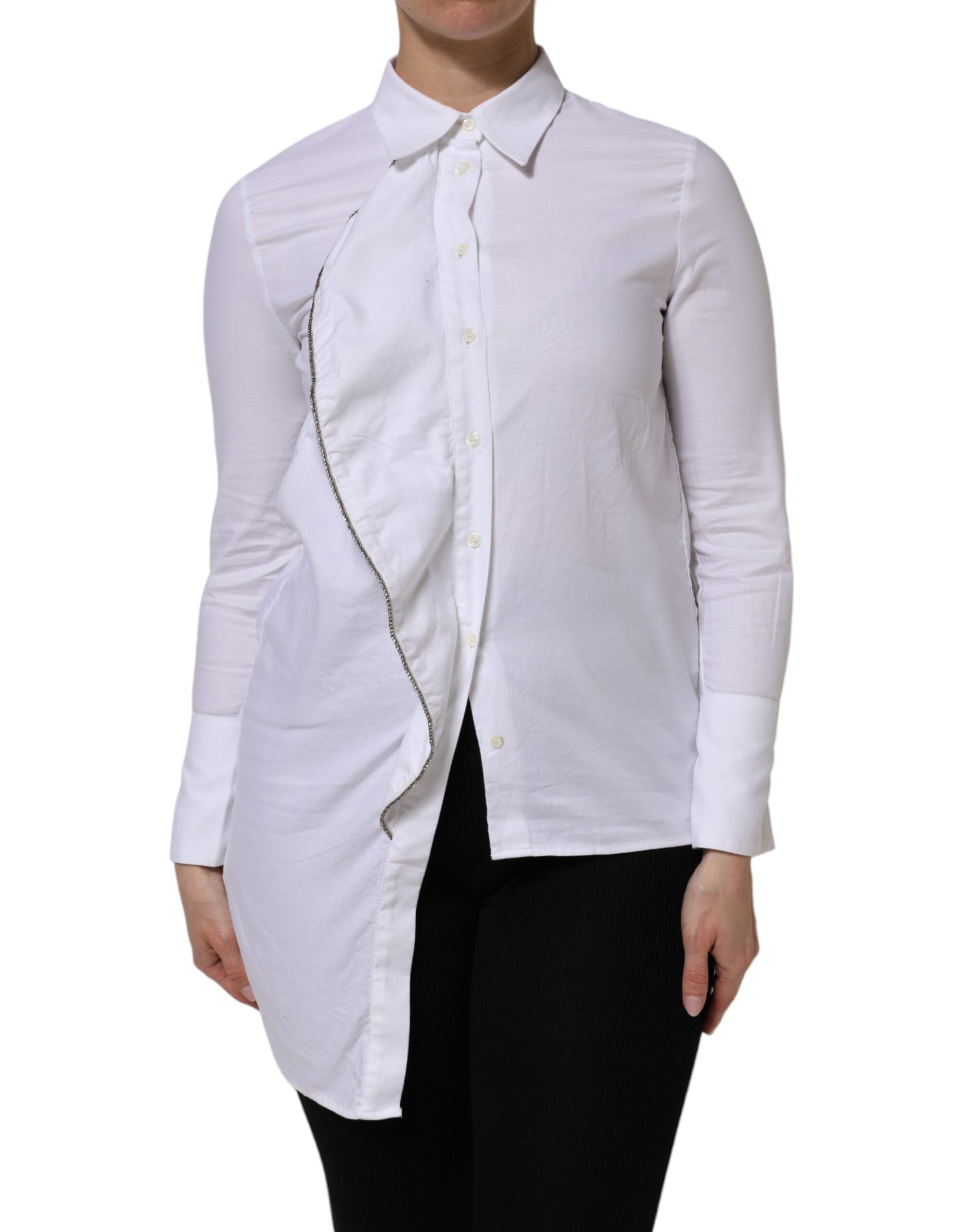 White Cotton Collared Long Sleeves Ruffle Top Shirt - ventzia