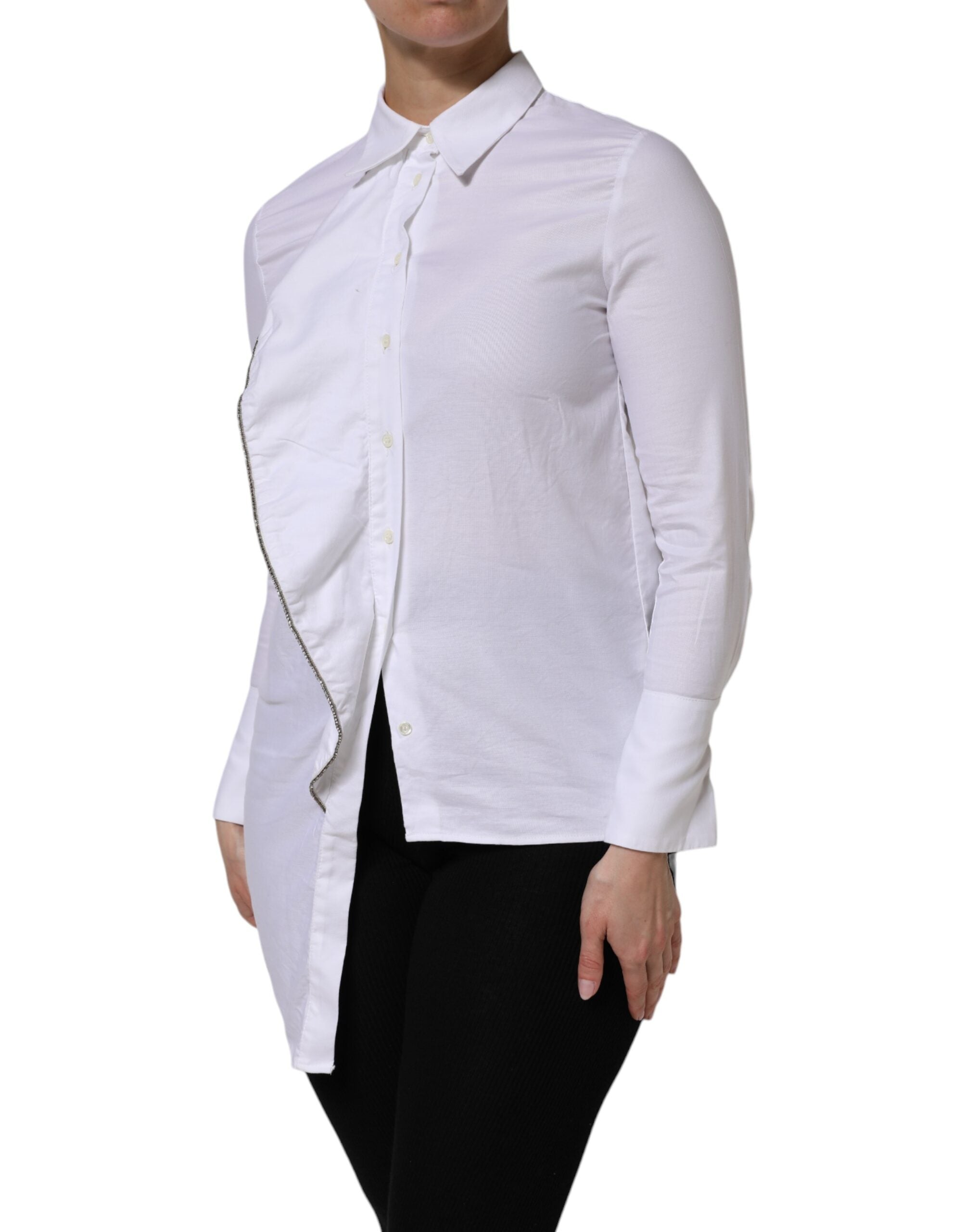 White Cotton Collared Long Sleeves Ruffle Top Shirt - ventzia