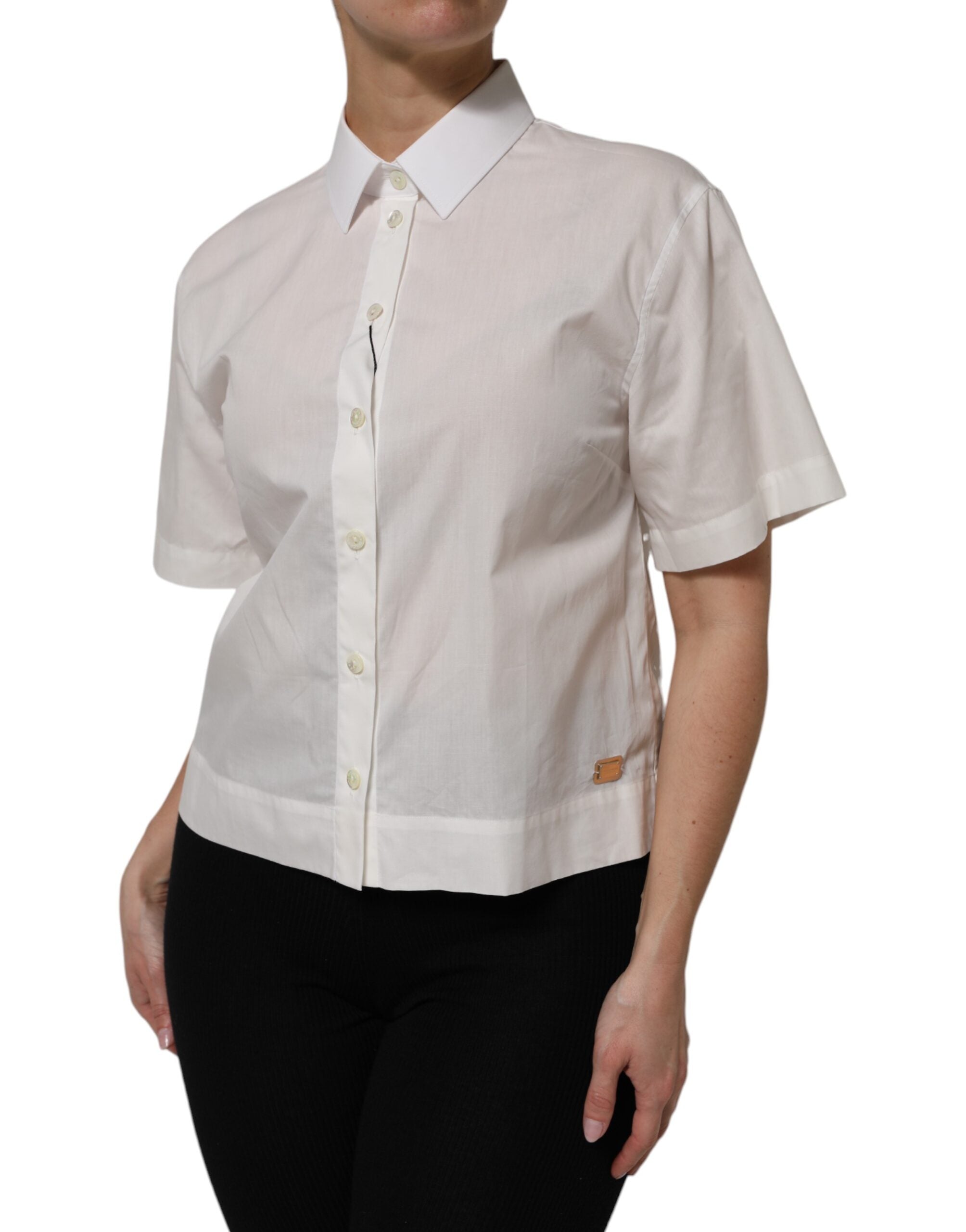 White Cotton Short Sleeves Collared Top Shirt - ventzia