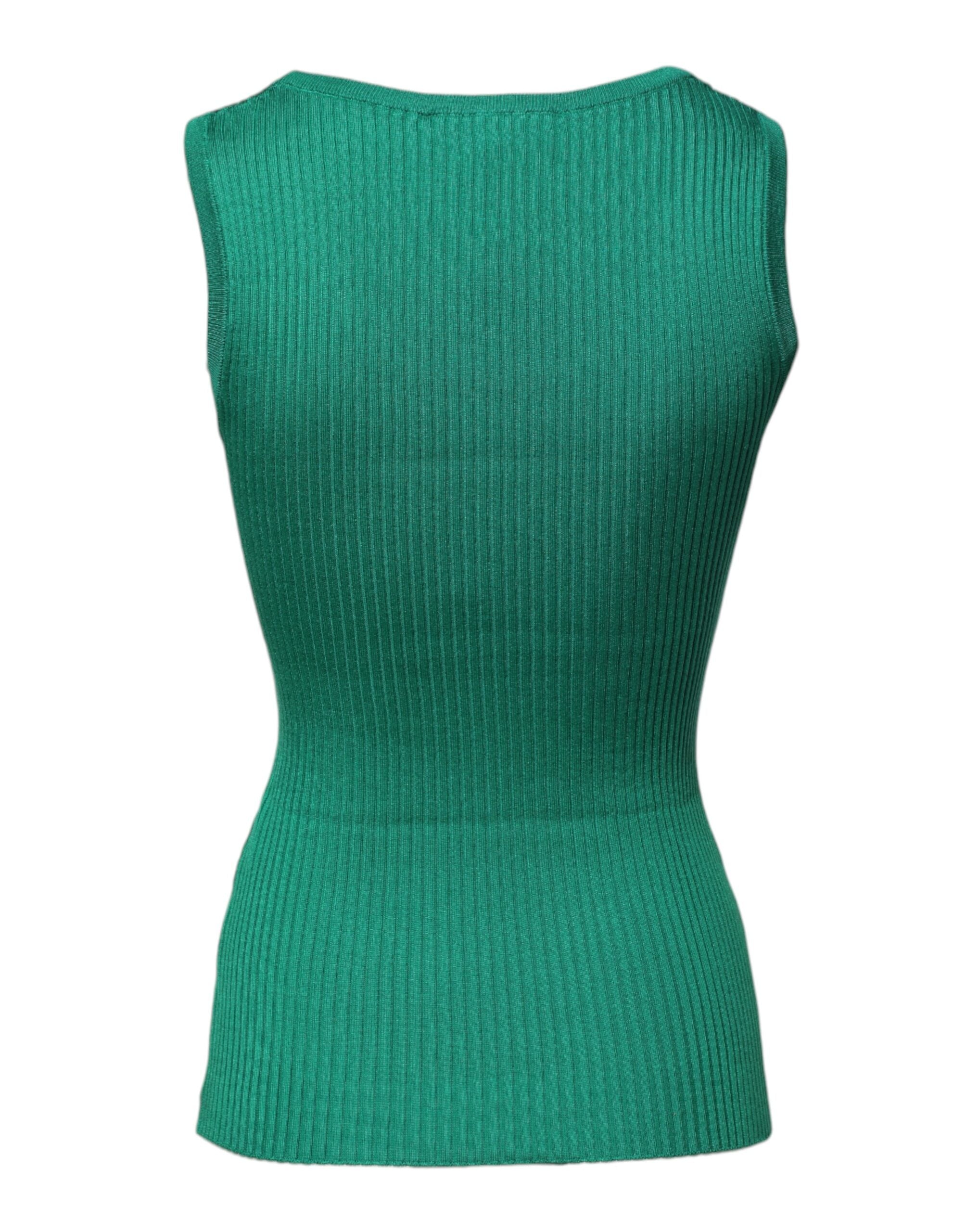 Green Silk Sleeveless Round Neck Tank Top - ventzia