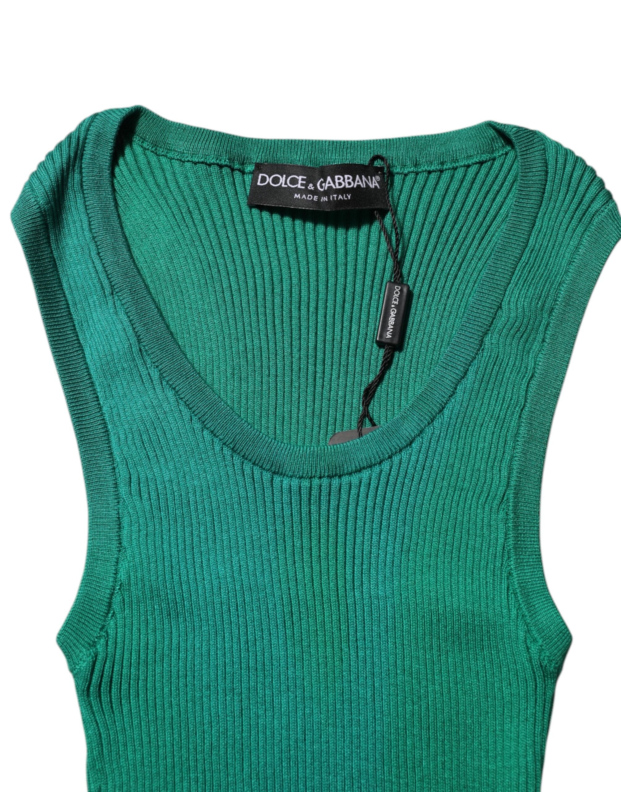 Green Silk Sleeveless Round Neck Tank Top - ventzia