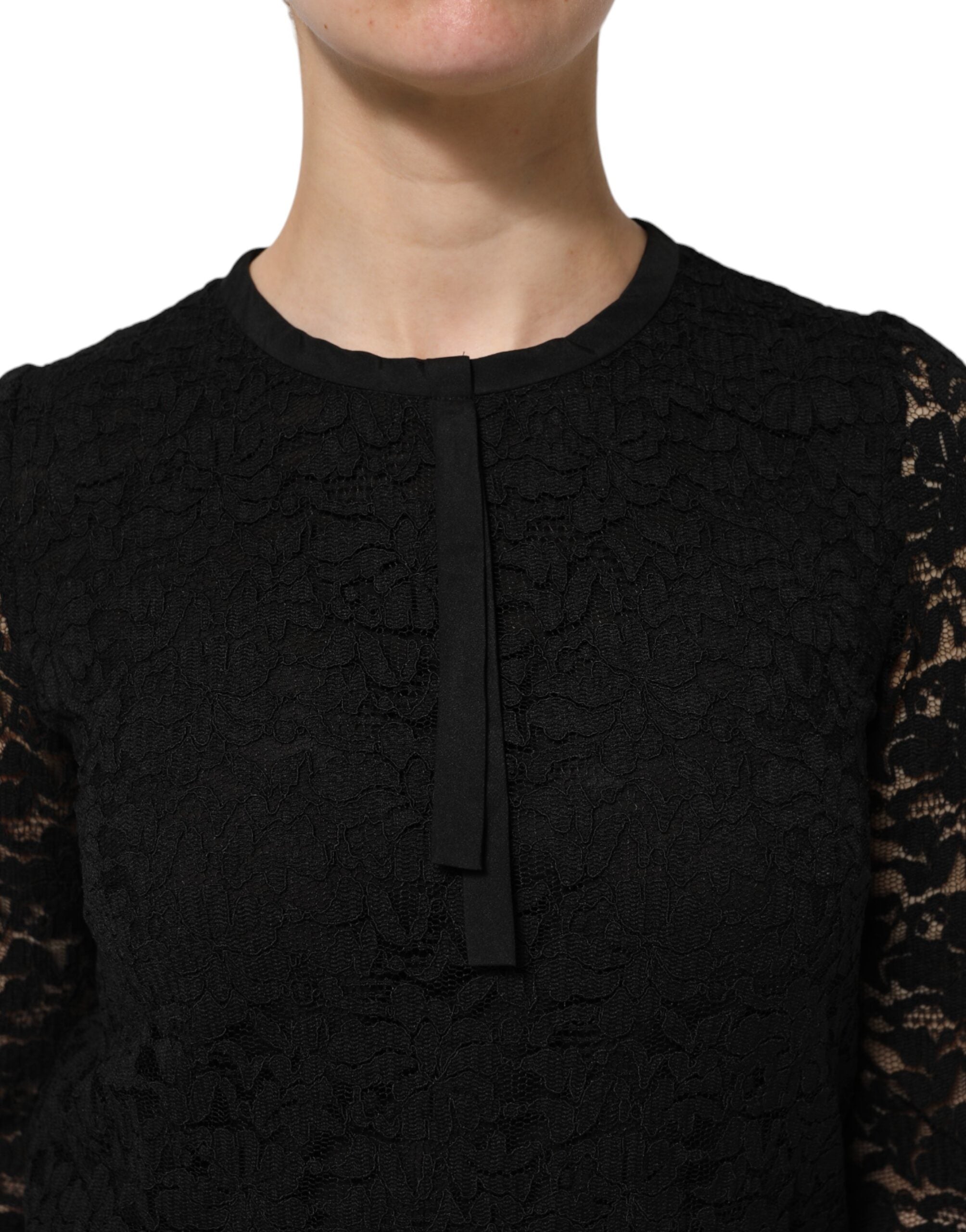 Black Nylon Lace Long Sleeve Blouse Top - ventzia