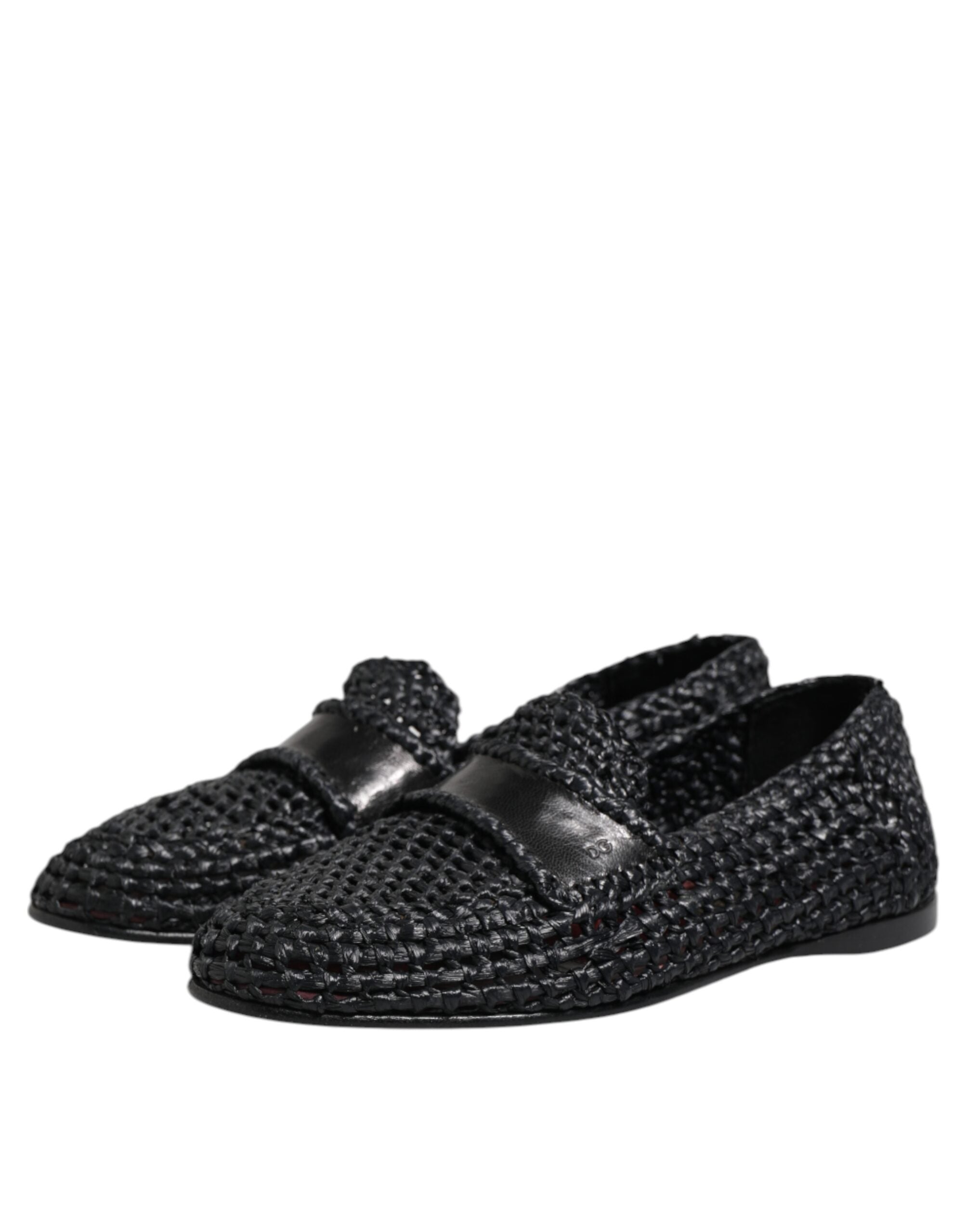Black Woven Leather Slip On Loafers Men Shoes - ventzia
