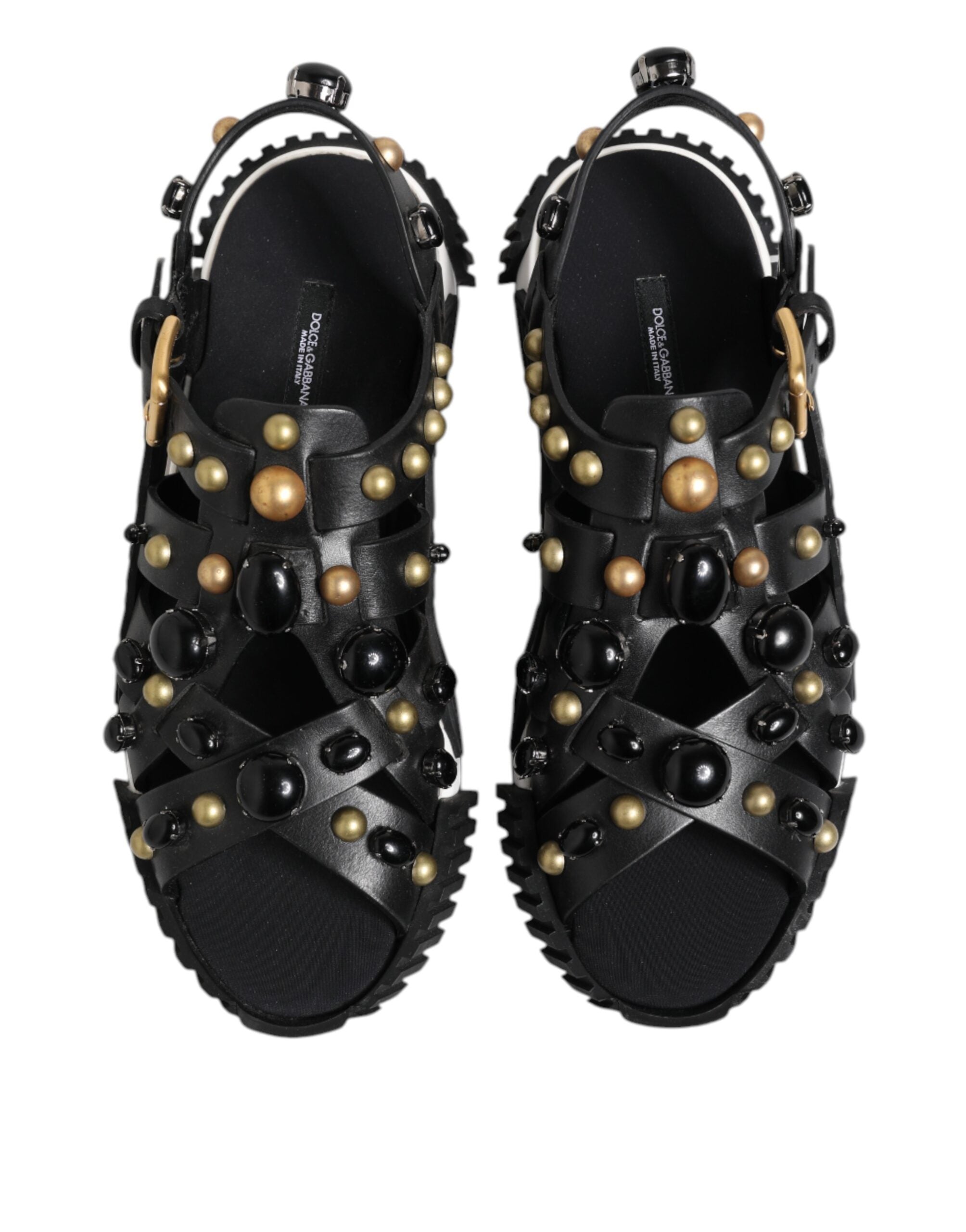 Black Leather Studded Ankle Strap Sandals Shoes - ventzia