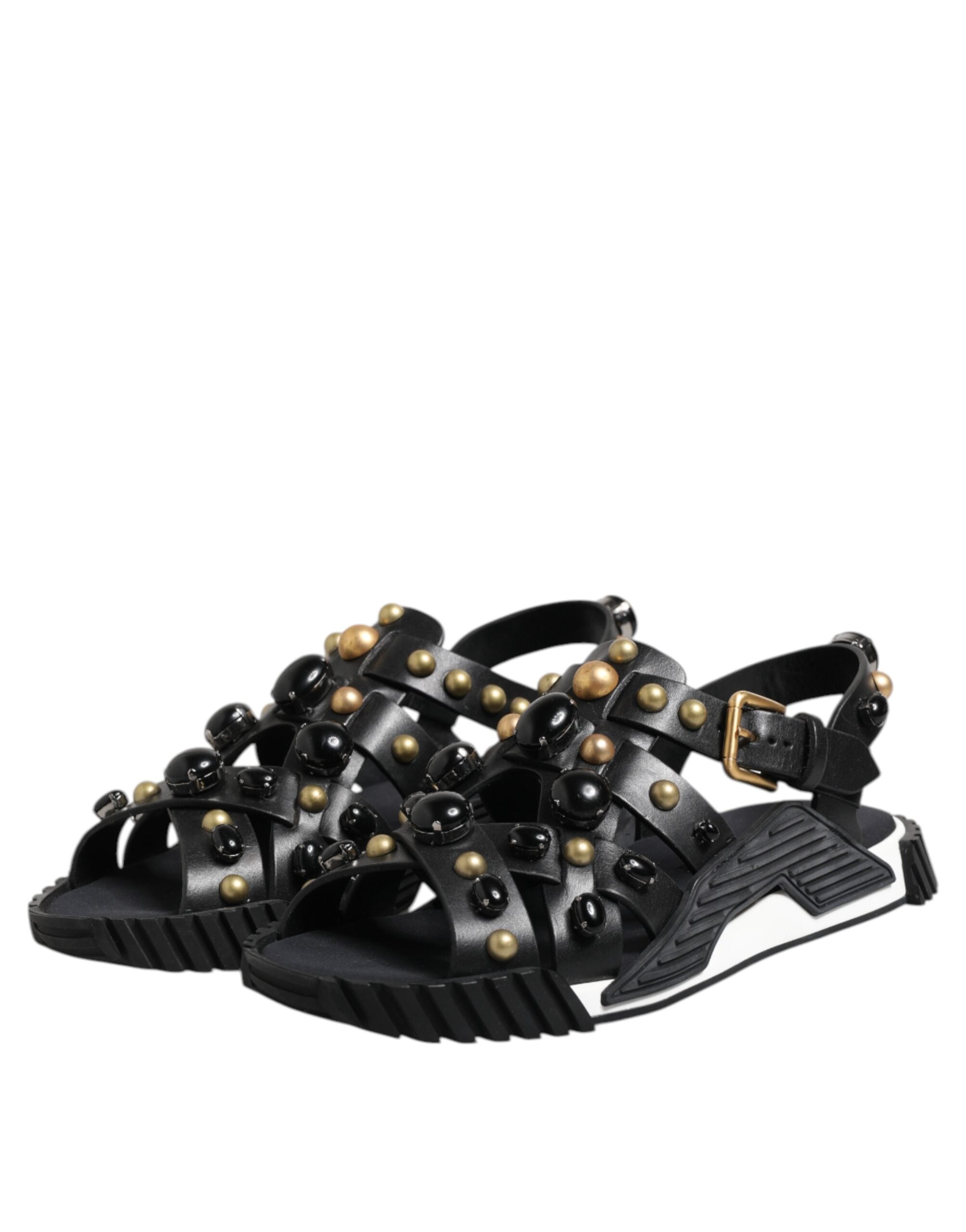 Black Leather Studded Ankle Strap Sandals Shoes - ventzia