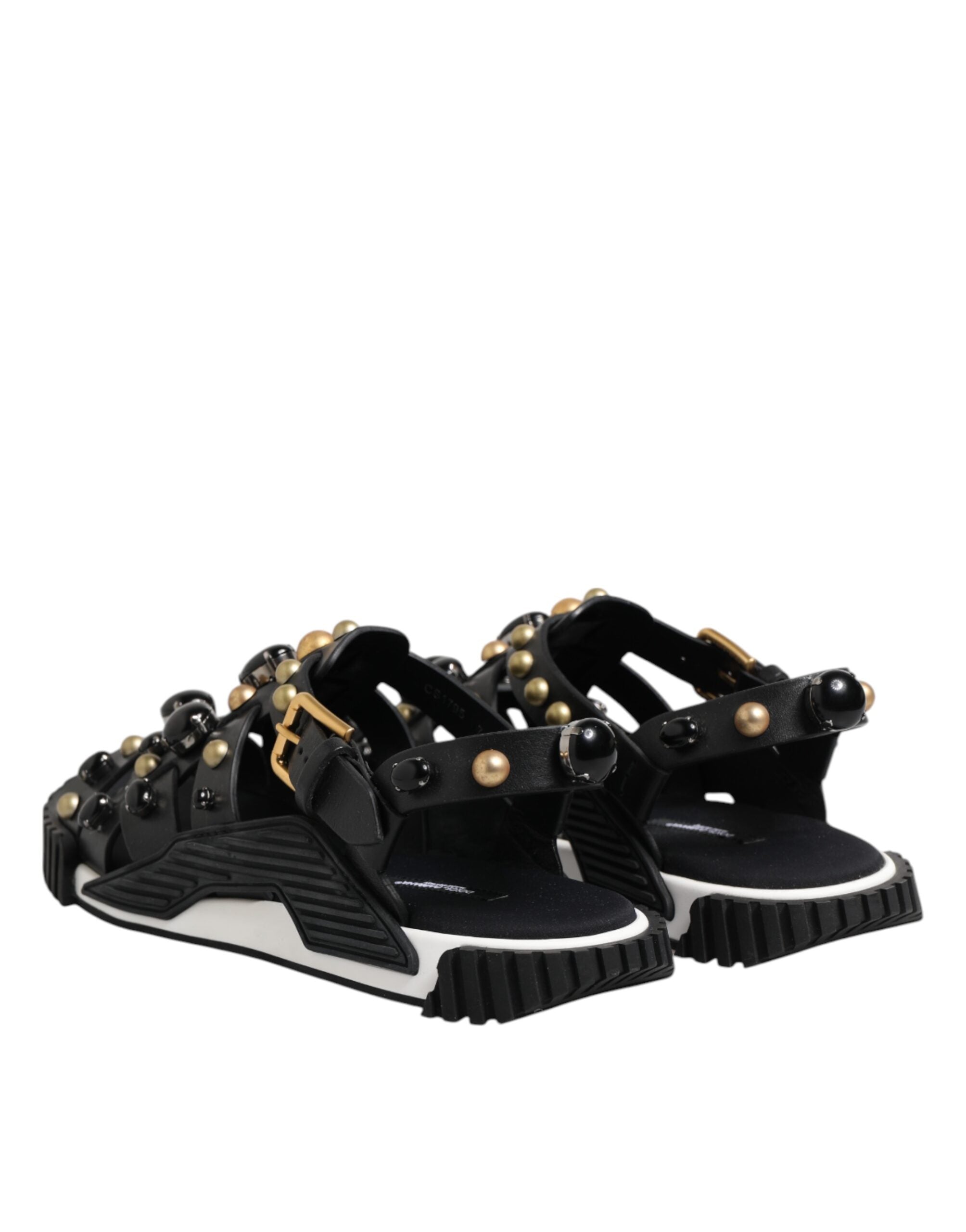 Black Leather Studded Ankle Strap Sandals Shoes - ventzia