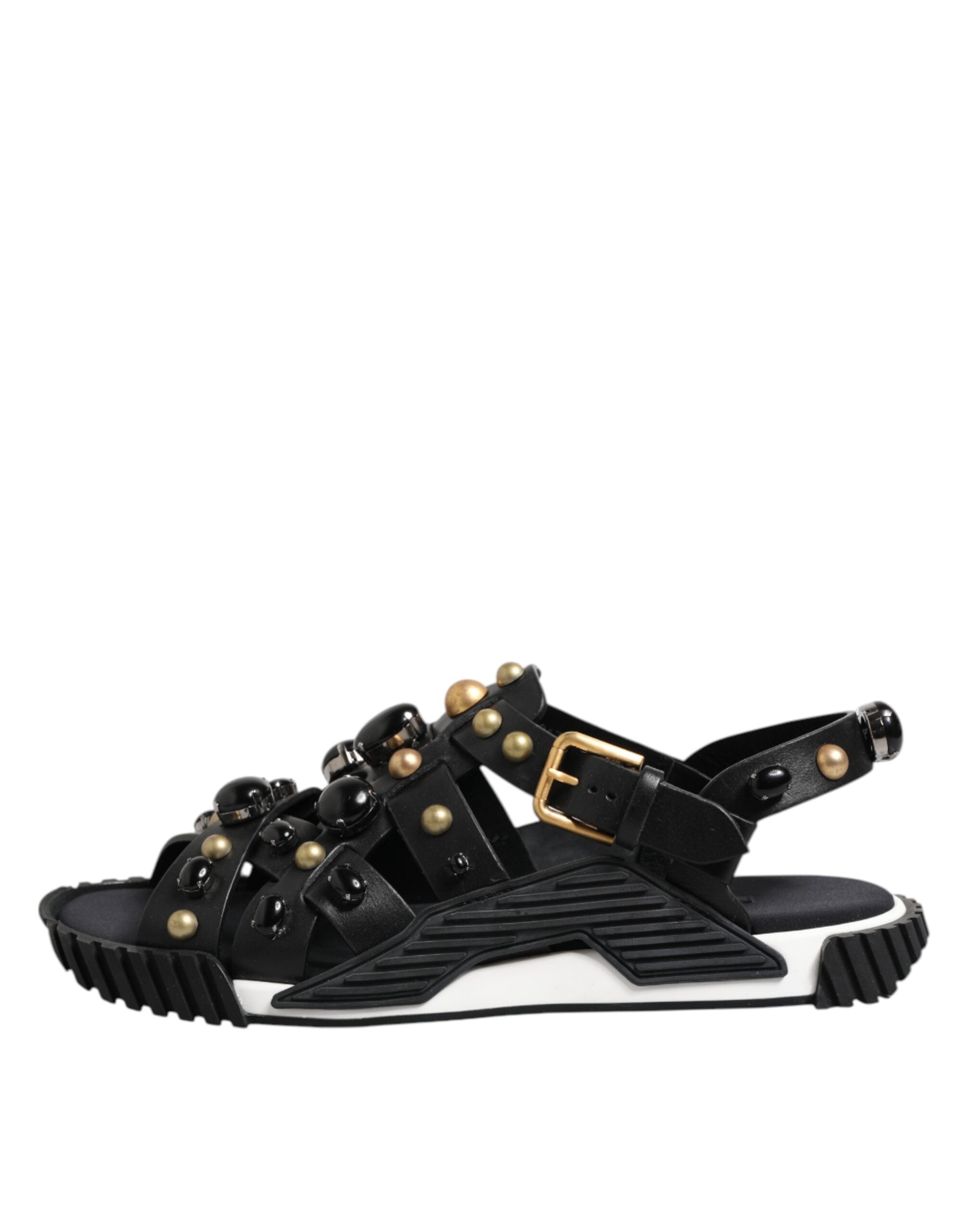 Black Leather Studded Ankle Strap Sandals Shoes - ventzia