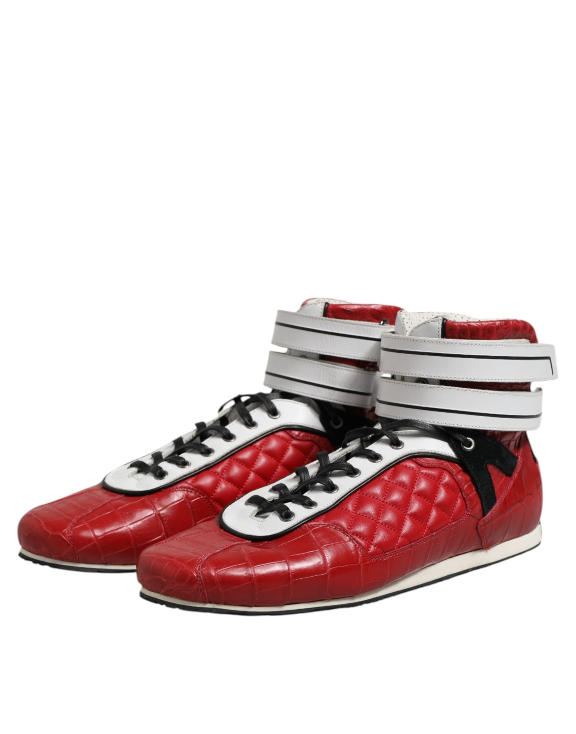 Red Quilted Leather Lace Up Sneakers Shoes - ventzia