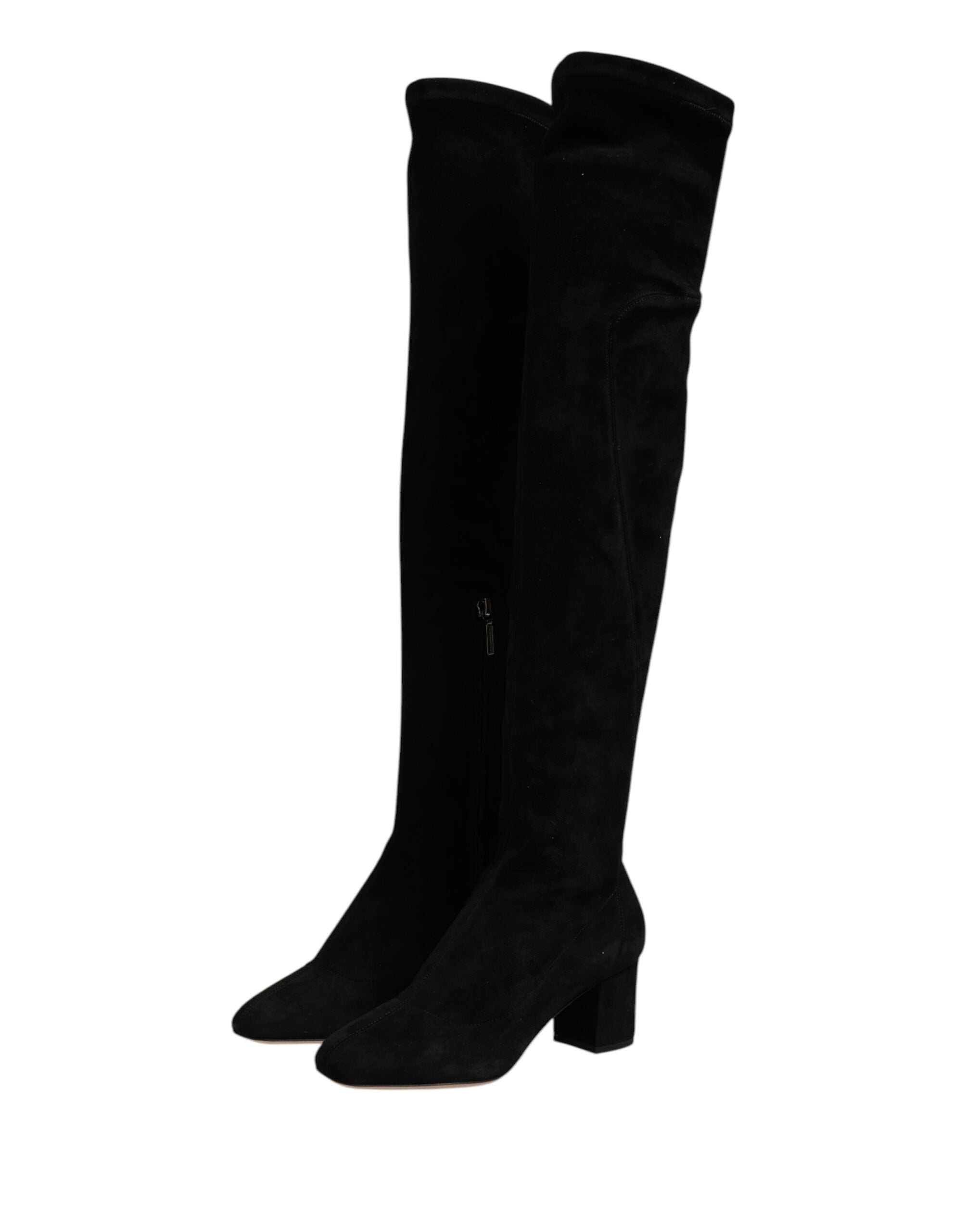 Black Suede Leather Knee High Boots Shoes - ventzia