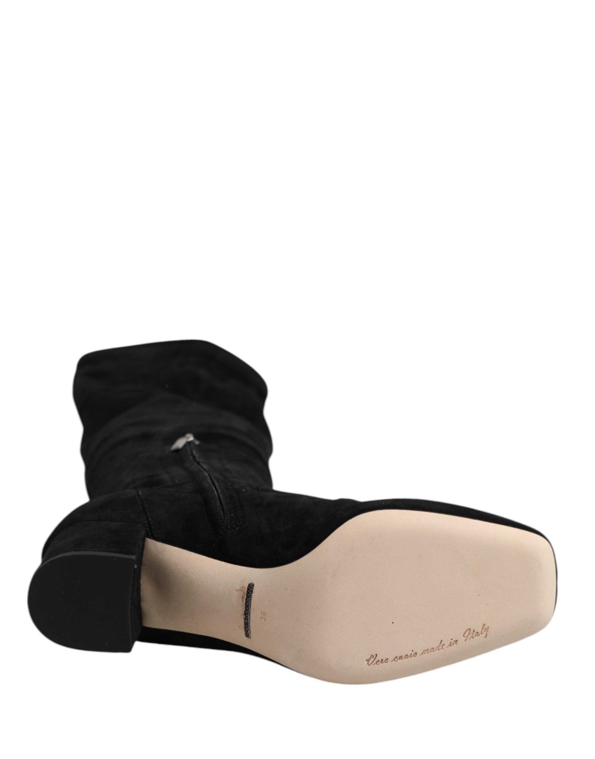 Black Suede Leather Knee High Boots Shoes - ventzia