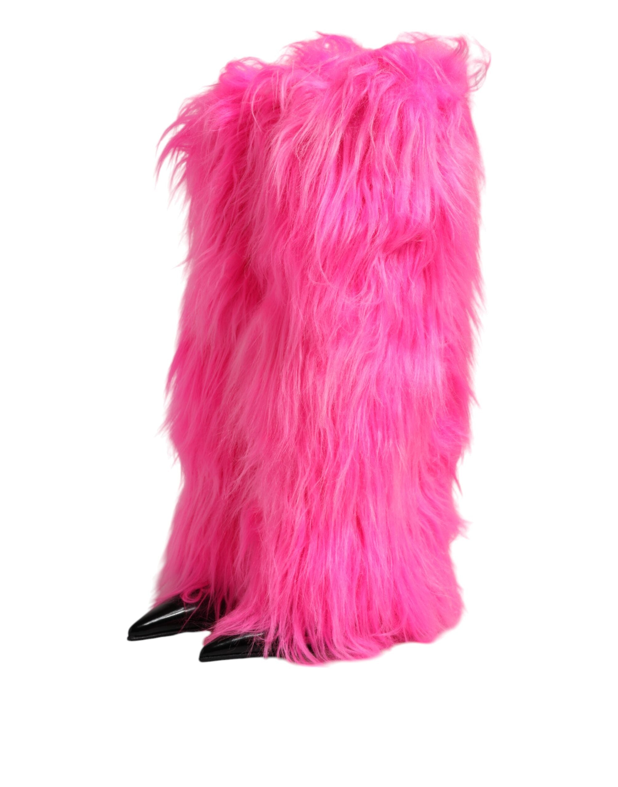 Pink Faux Fur Leather High Heels Boots Shoes - ventzia