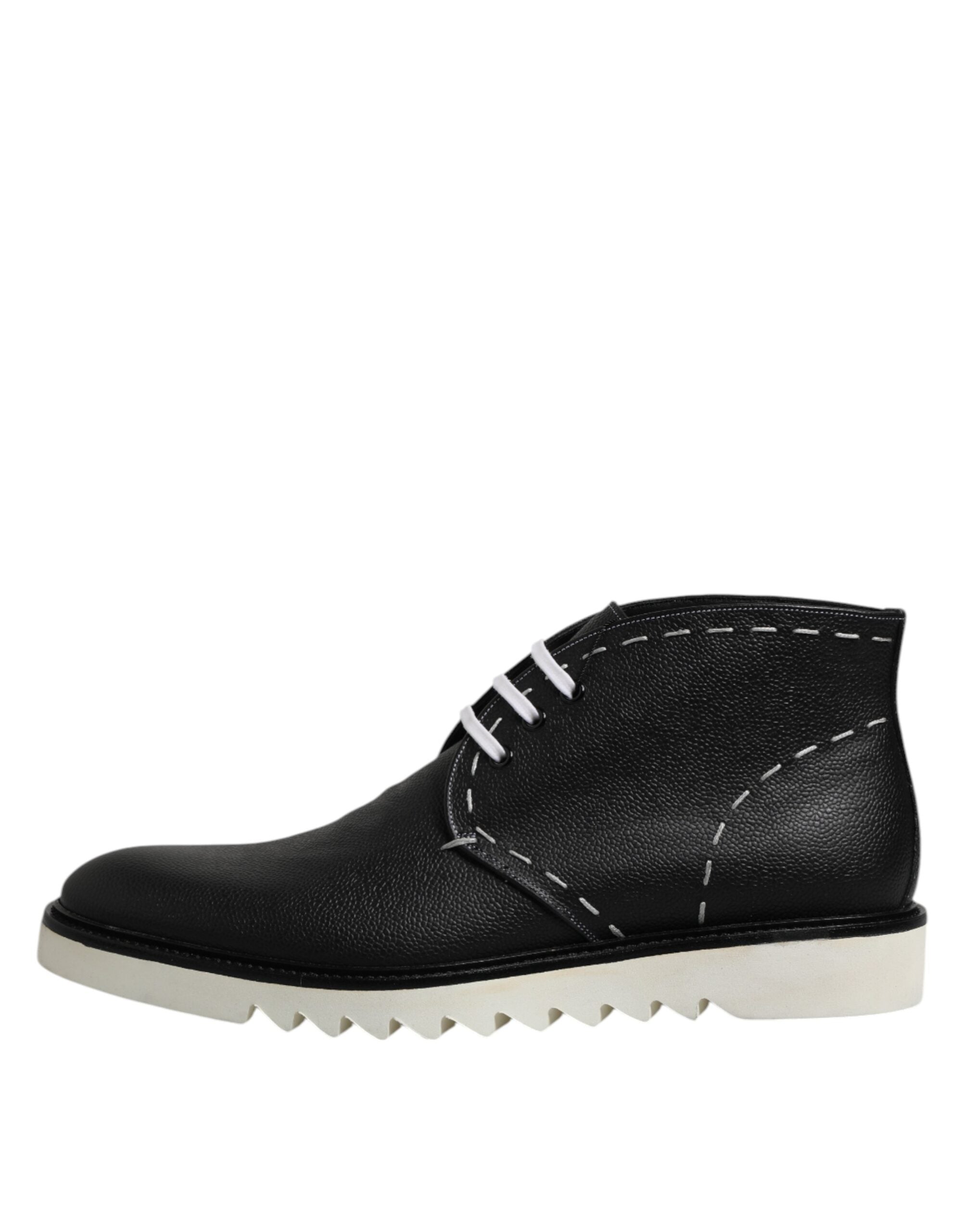 Black White Leather Ankle Boots Shoes - ventzia