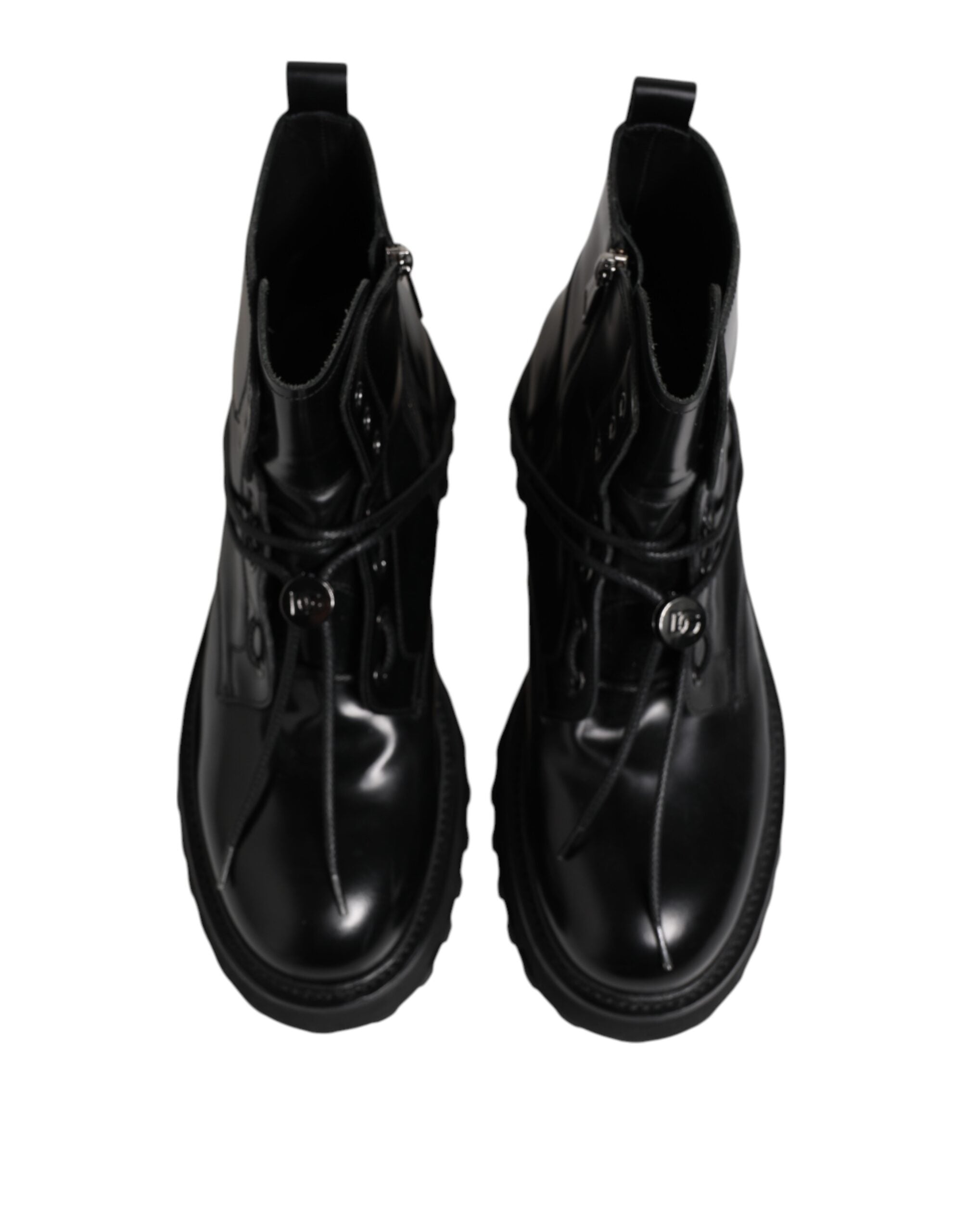 Black Leather Logo Ankle Boots Lace Up Shoes - ventzia