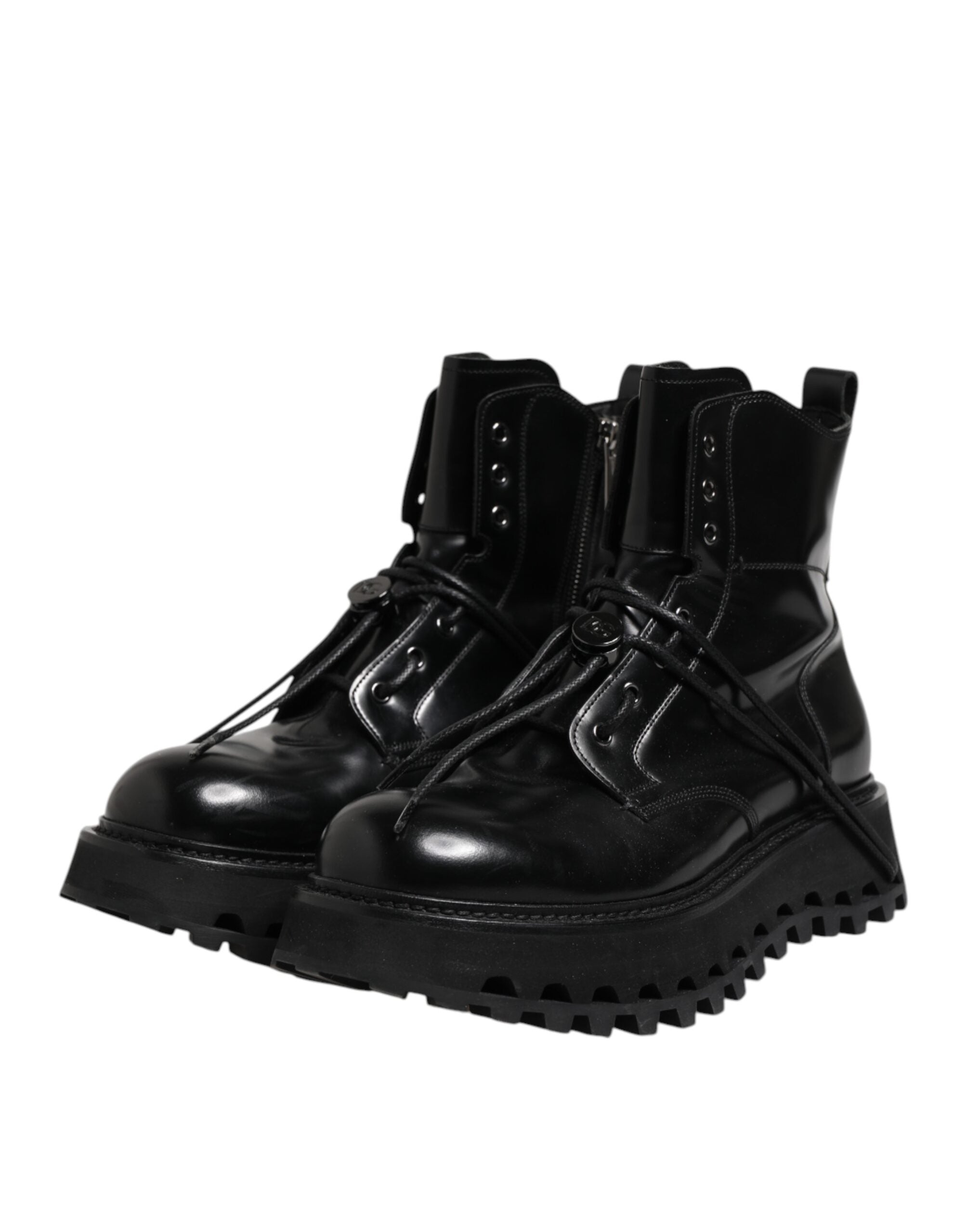 Black Leather Logo Ankle Boots Lace Up Shoes - ventzia