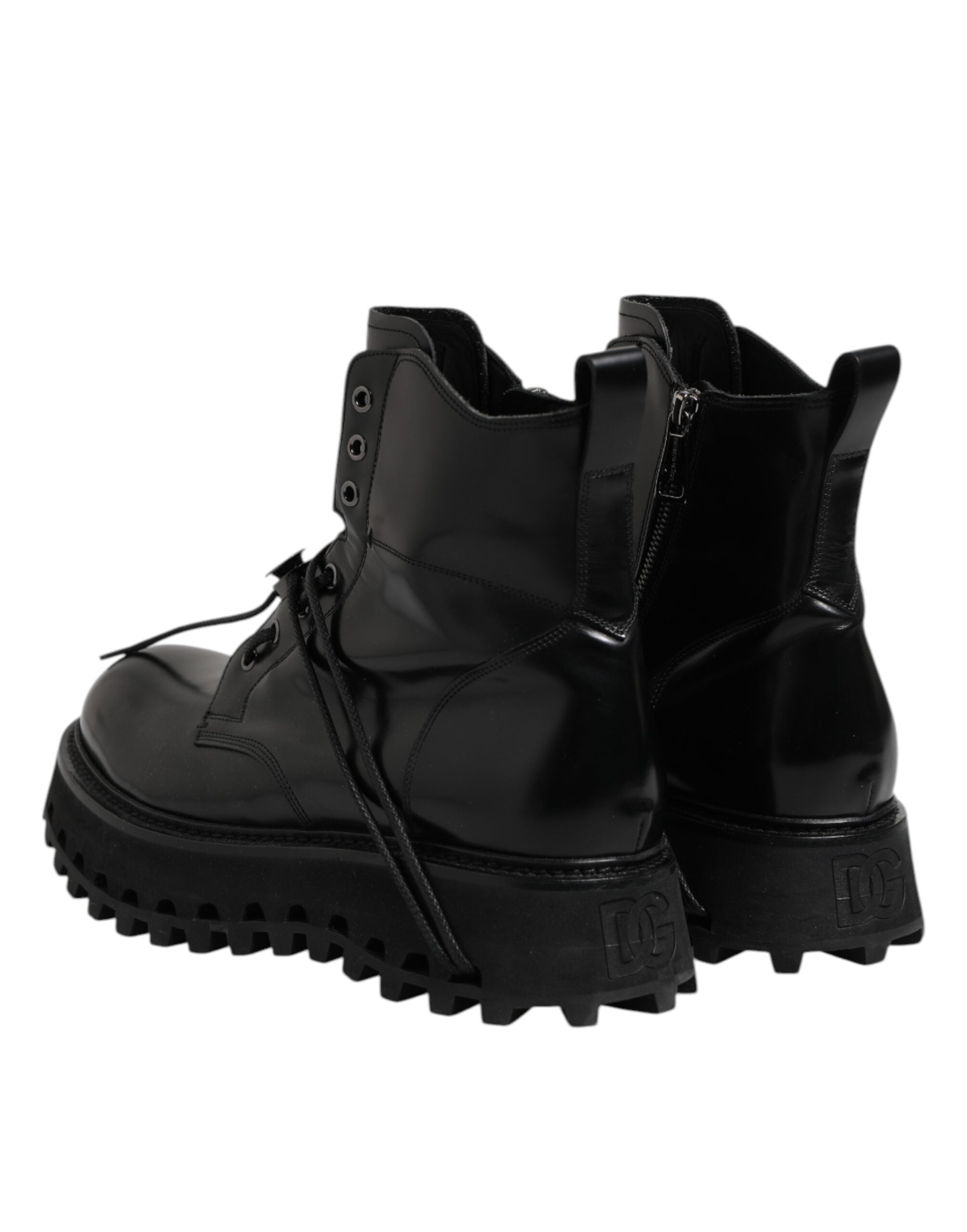 Black Leather Logo Ankle Boots Lace Up Shoes - ventzia