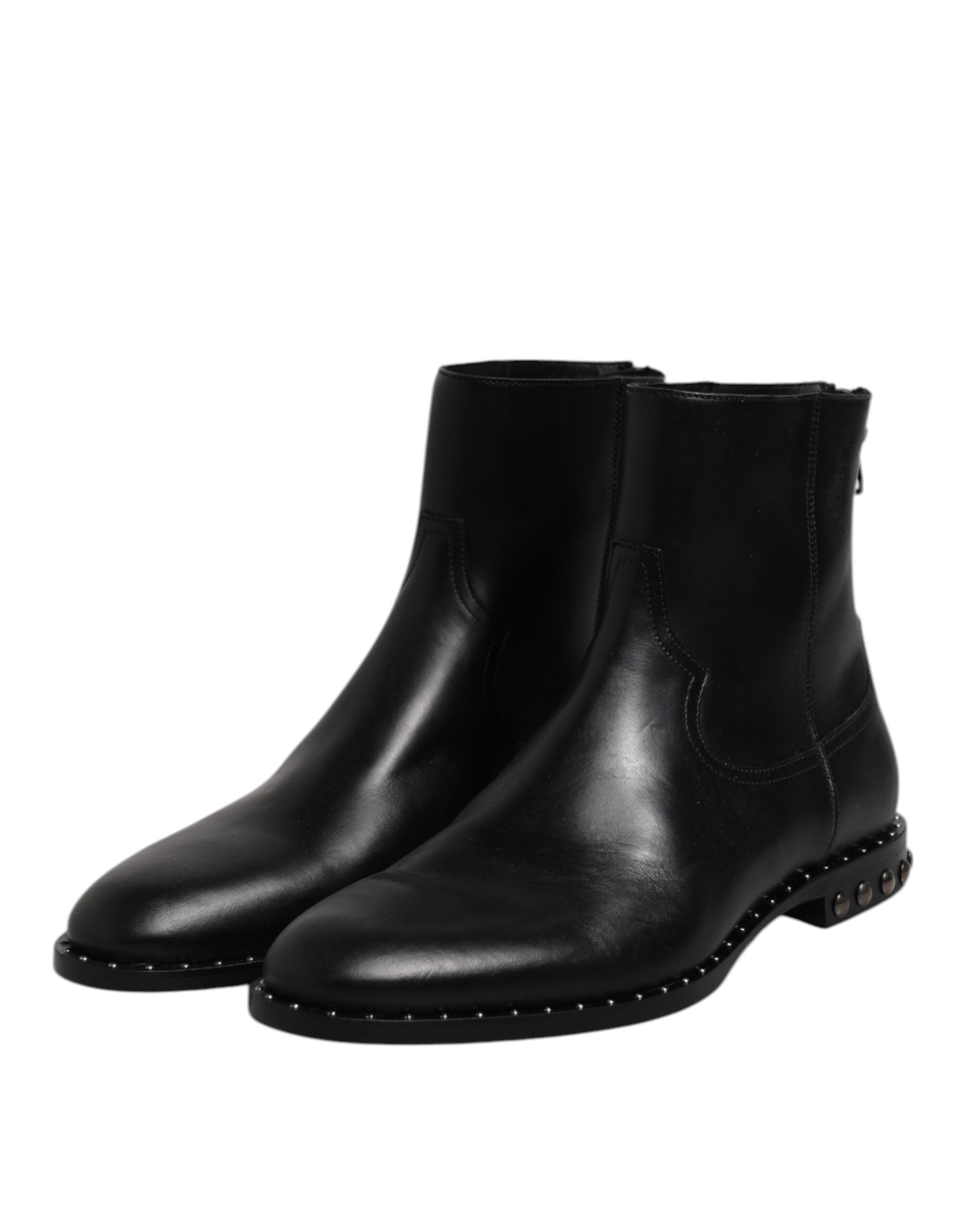 Black Leather Logo Ankle Boots Studded Shoes - ventzia