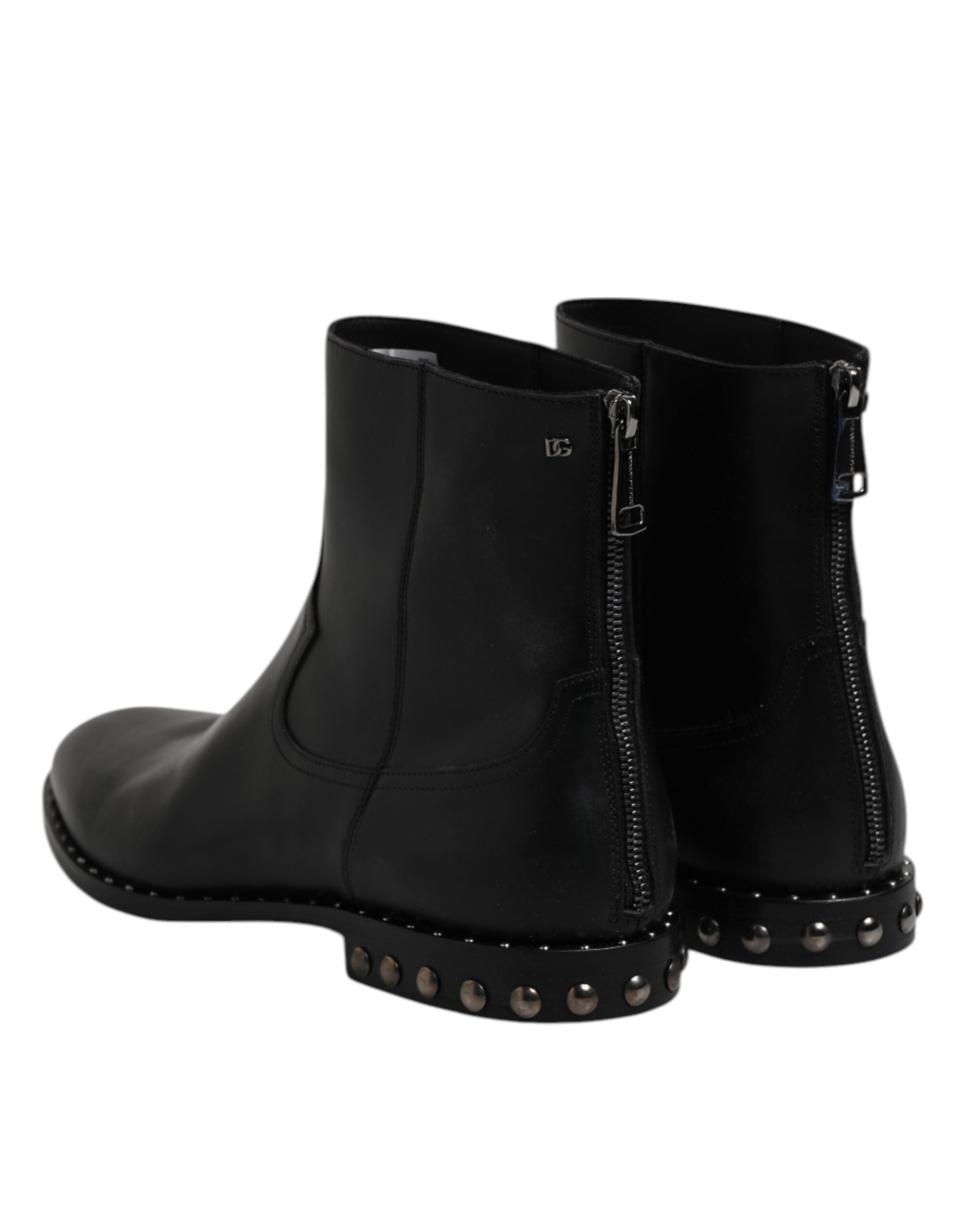 Black Leather Logo Ankle Boots Studded Shoes - ventzia