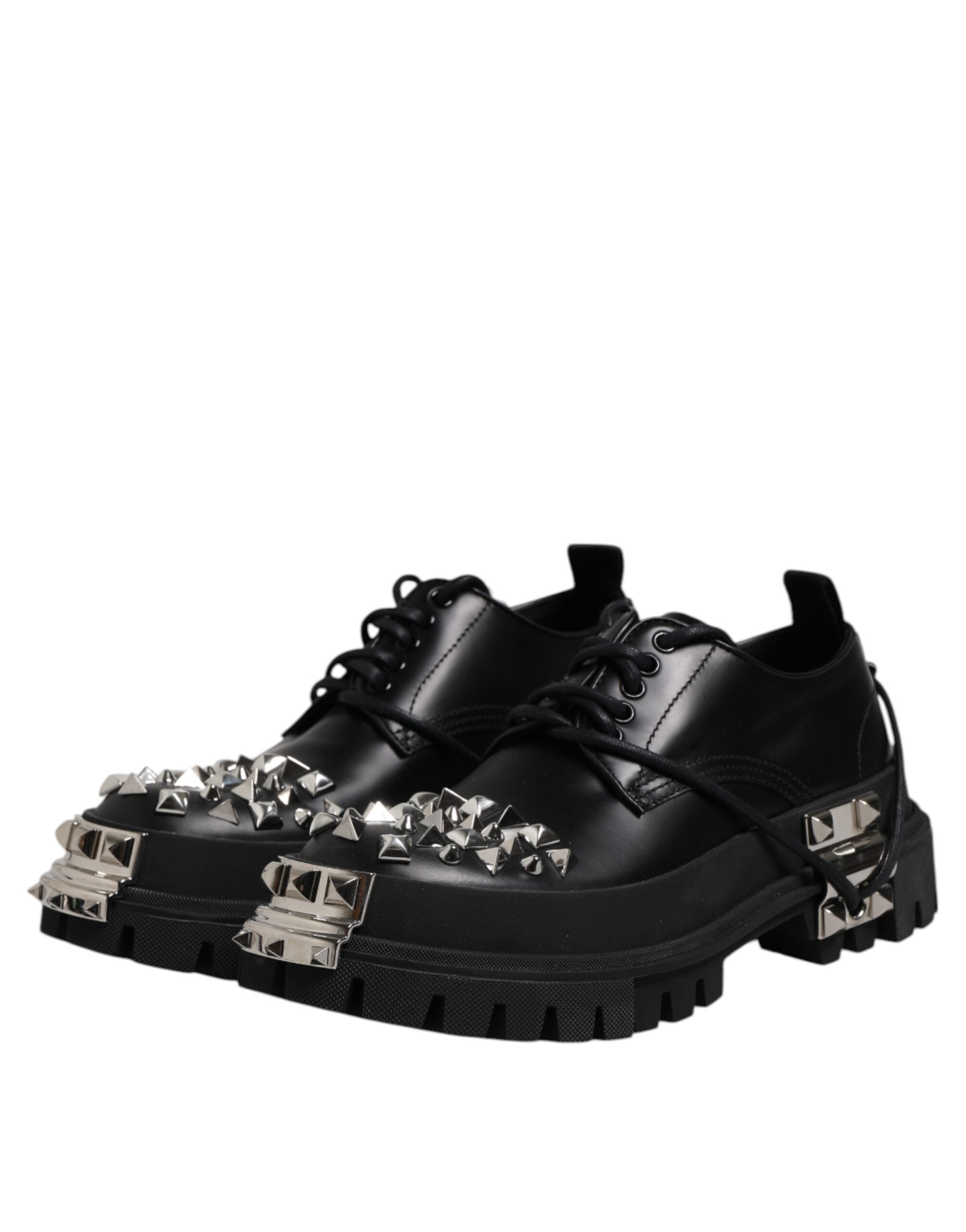 Black Leather Embellished Trekking Derby Shoes - ventzia