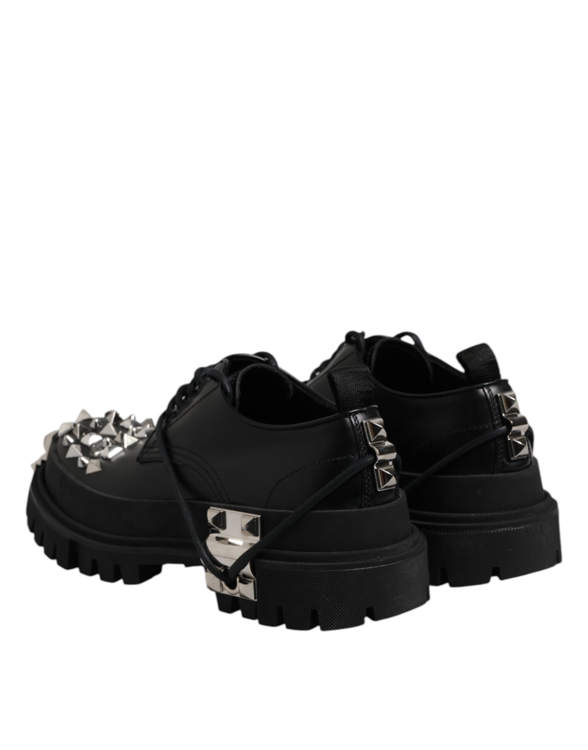 Black Leather Embellished Trekking Derby Shoes - ventzia