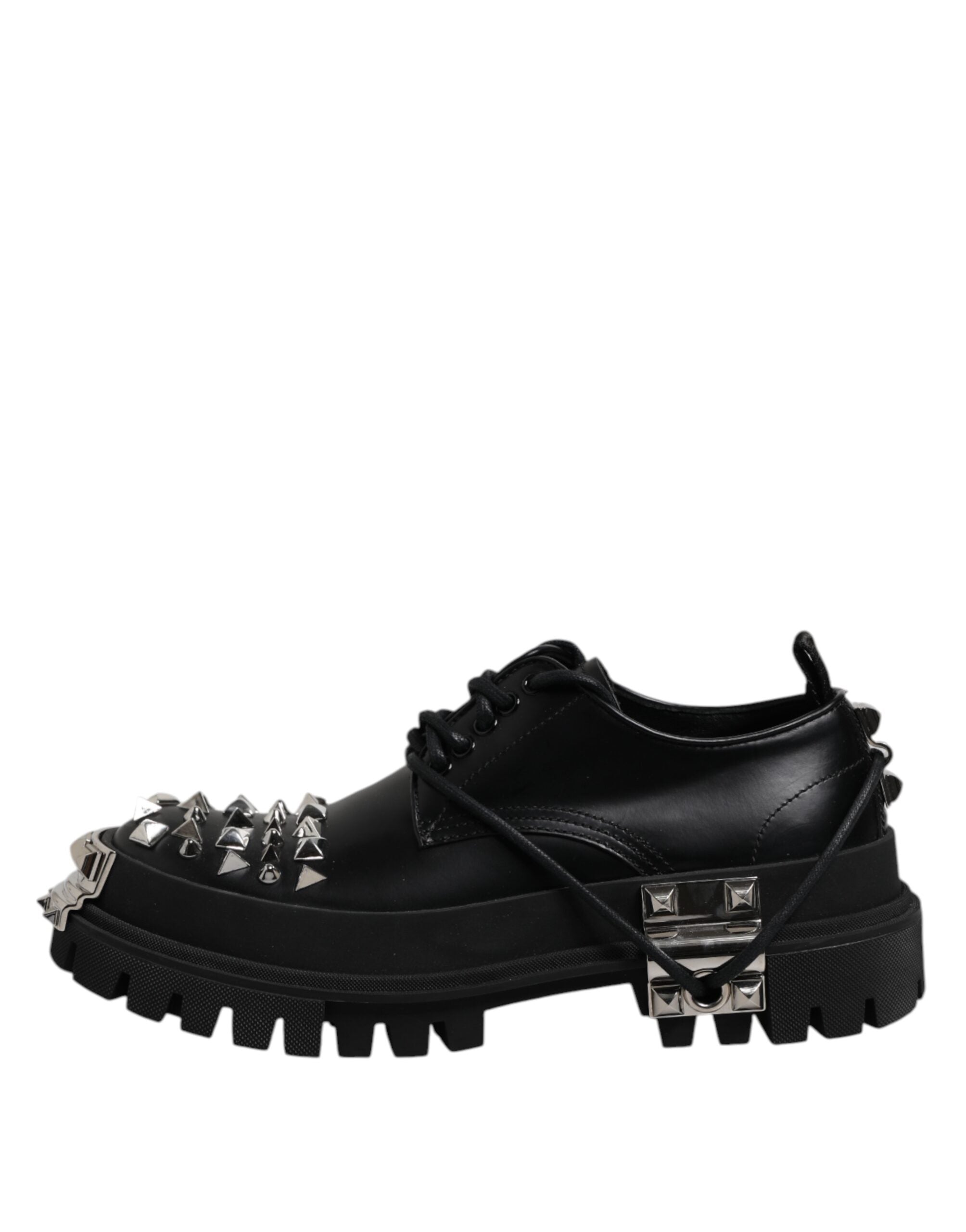 Black Leather Embellished Trekking Derby Shoes - ventzia