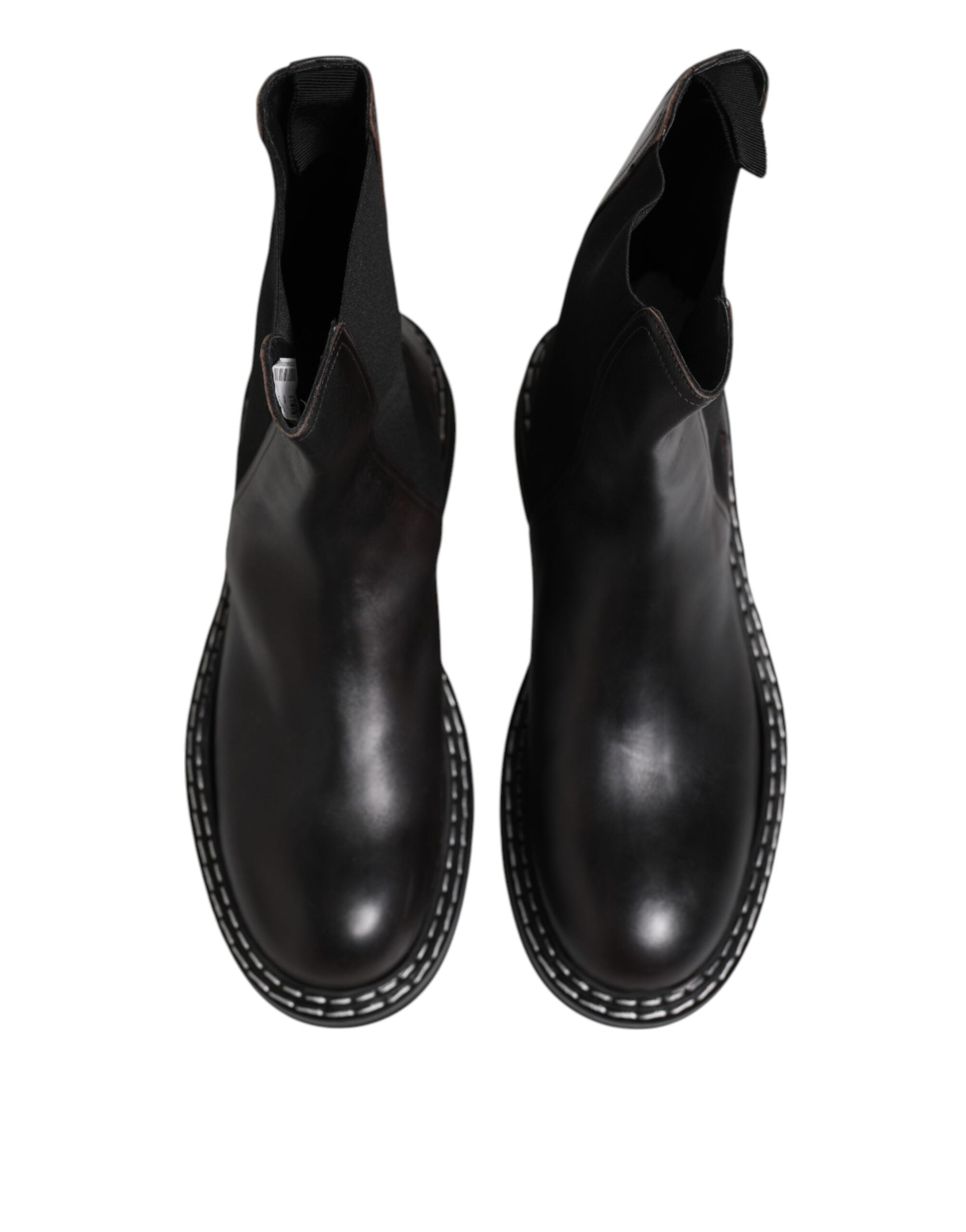 Black Leather Mid Calf Boots Flats Shoes - ventzia