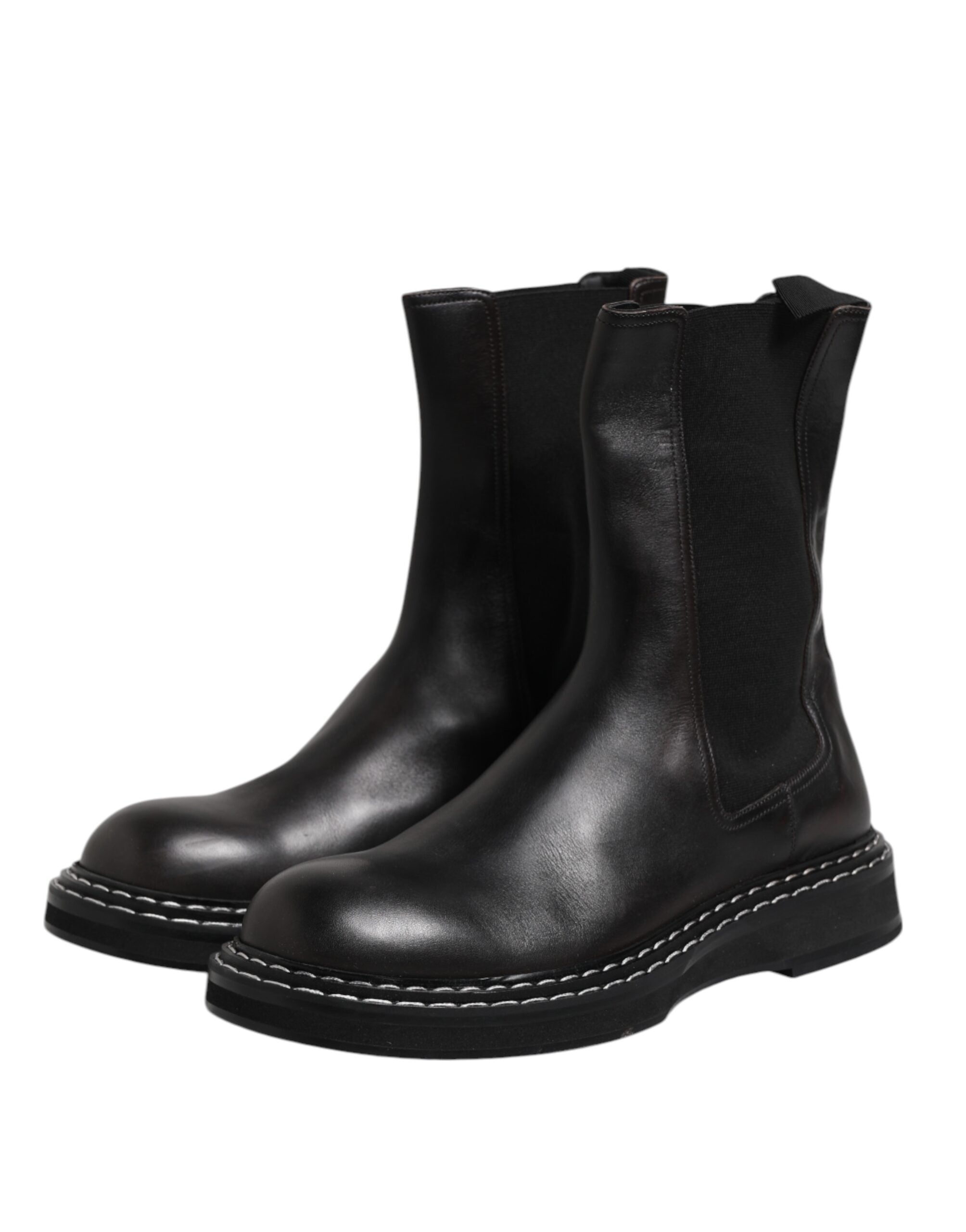 Black Leather Mid Calf Boots Flats Shoes - ventzia