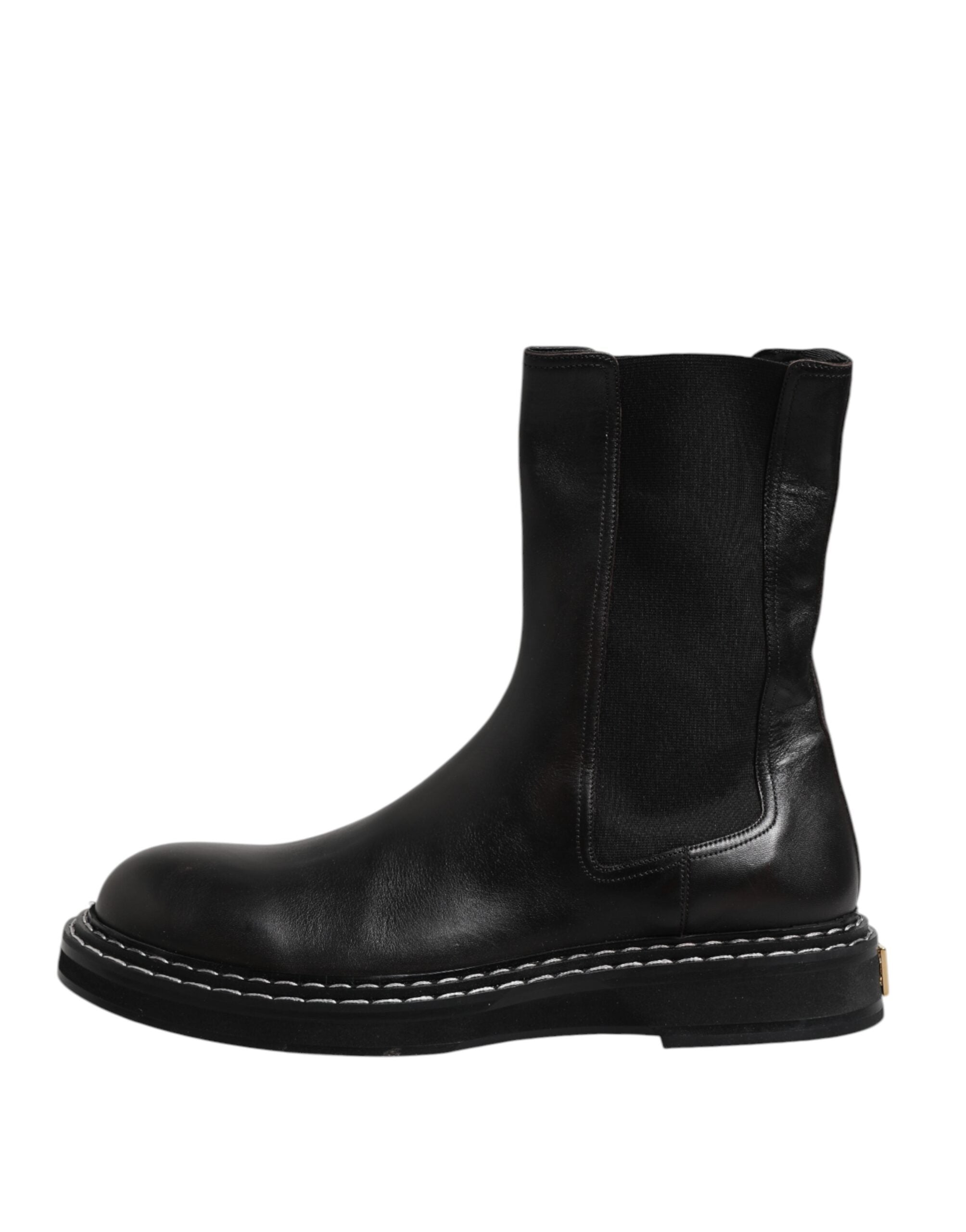 Black Leather Mid Calf Boots Flats Shoes - ventzia