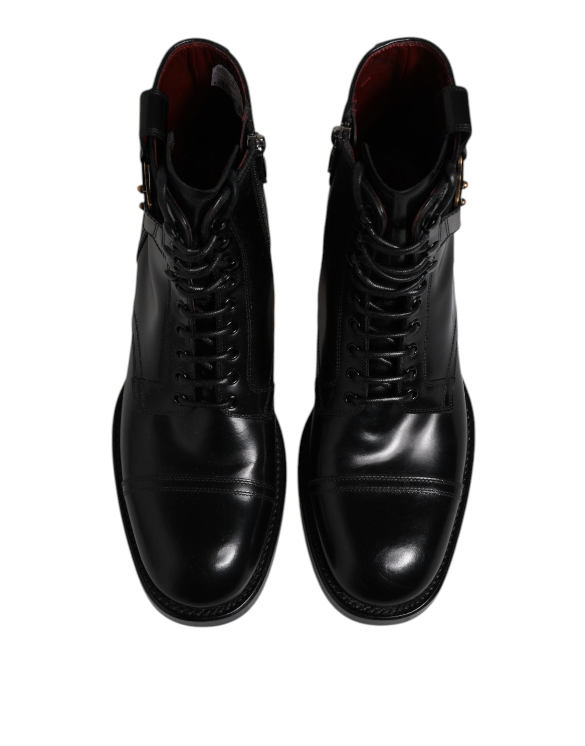 Black Leather Mid Calf Boots Lace Up Shoes - ventzia