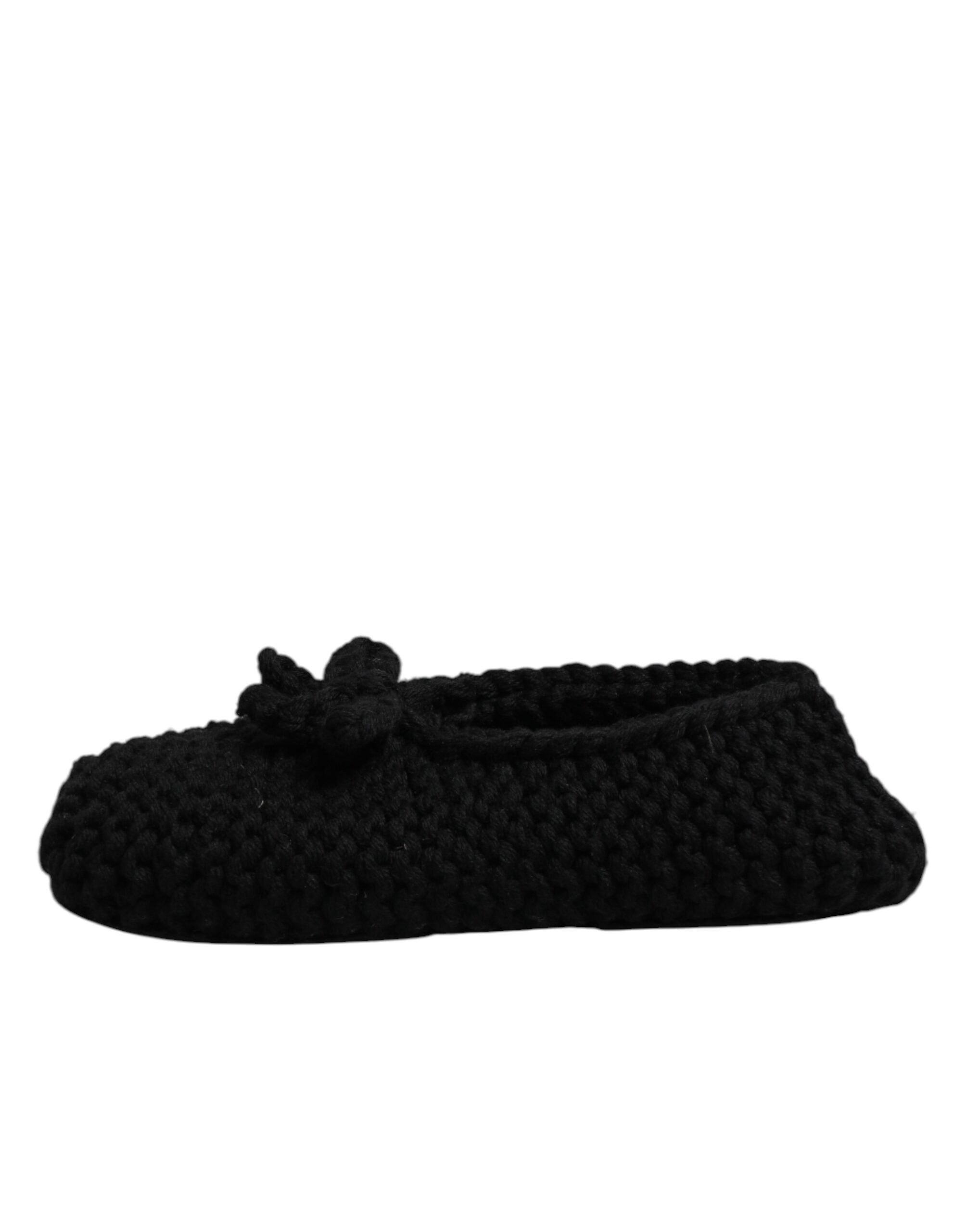 Black Wool Slip On Flats Ballerina Shoes - ventzia