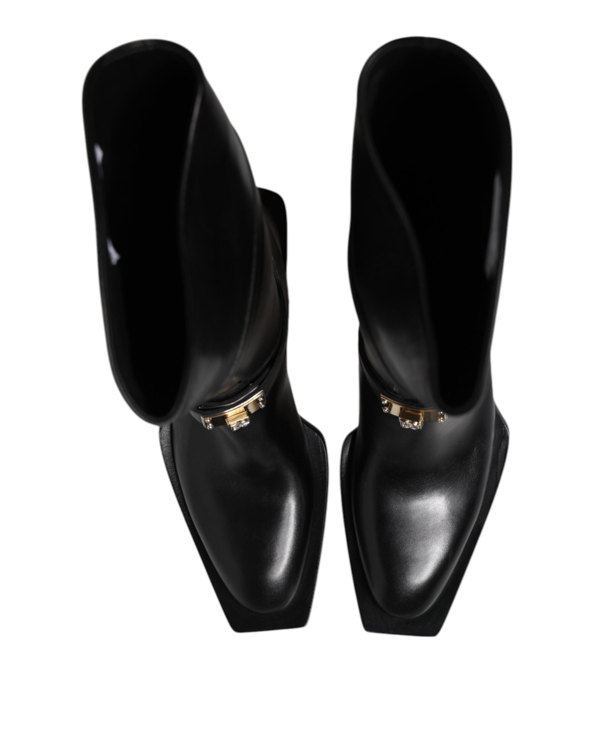 Black Leather High Boots Flats Shoes - ventzia