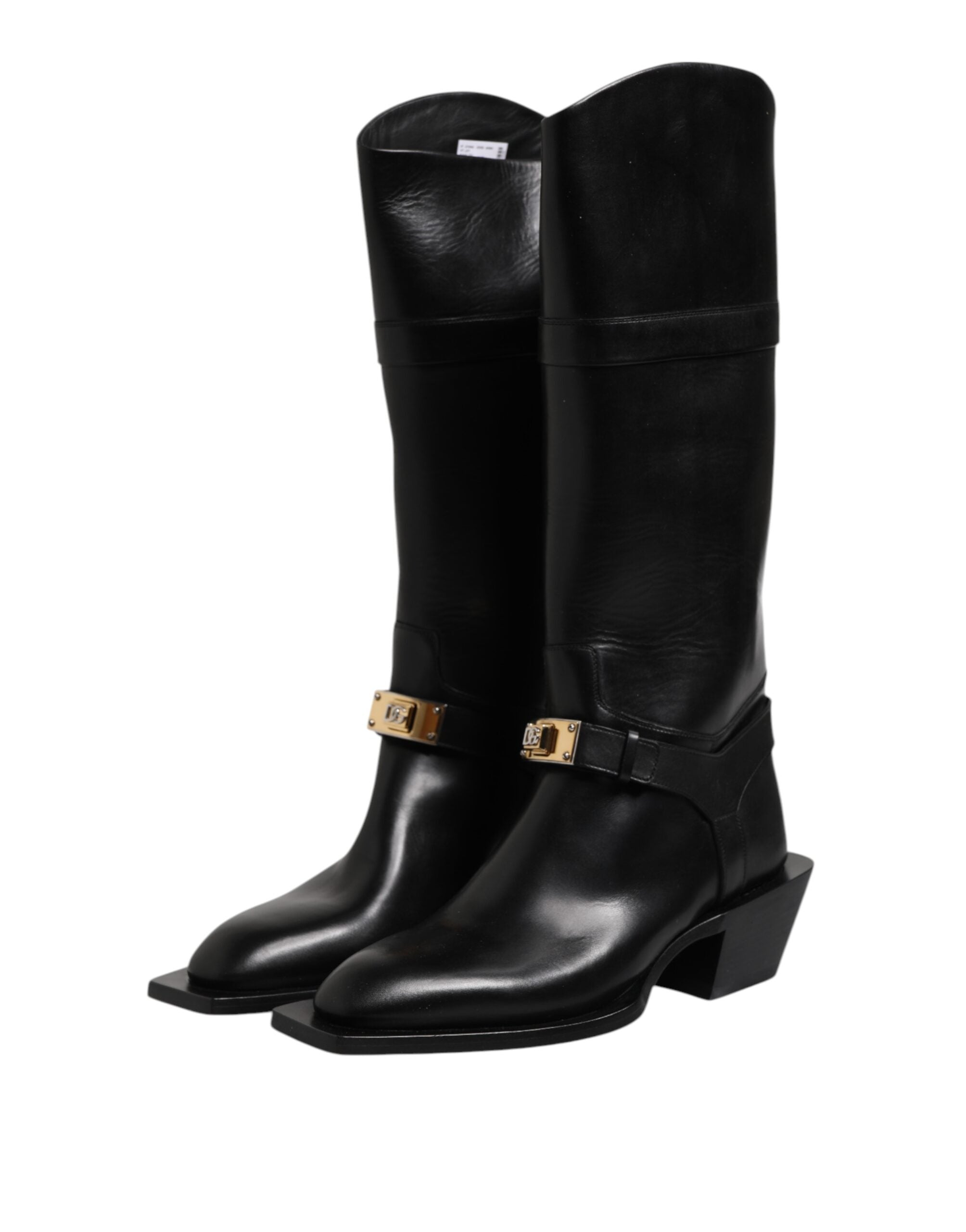Black Leather High Boots Flats Shoes - ventzia