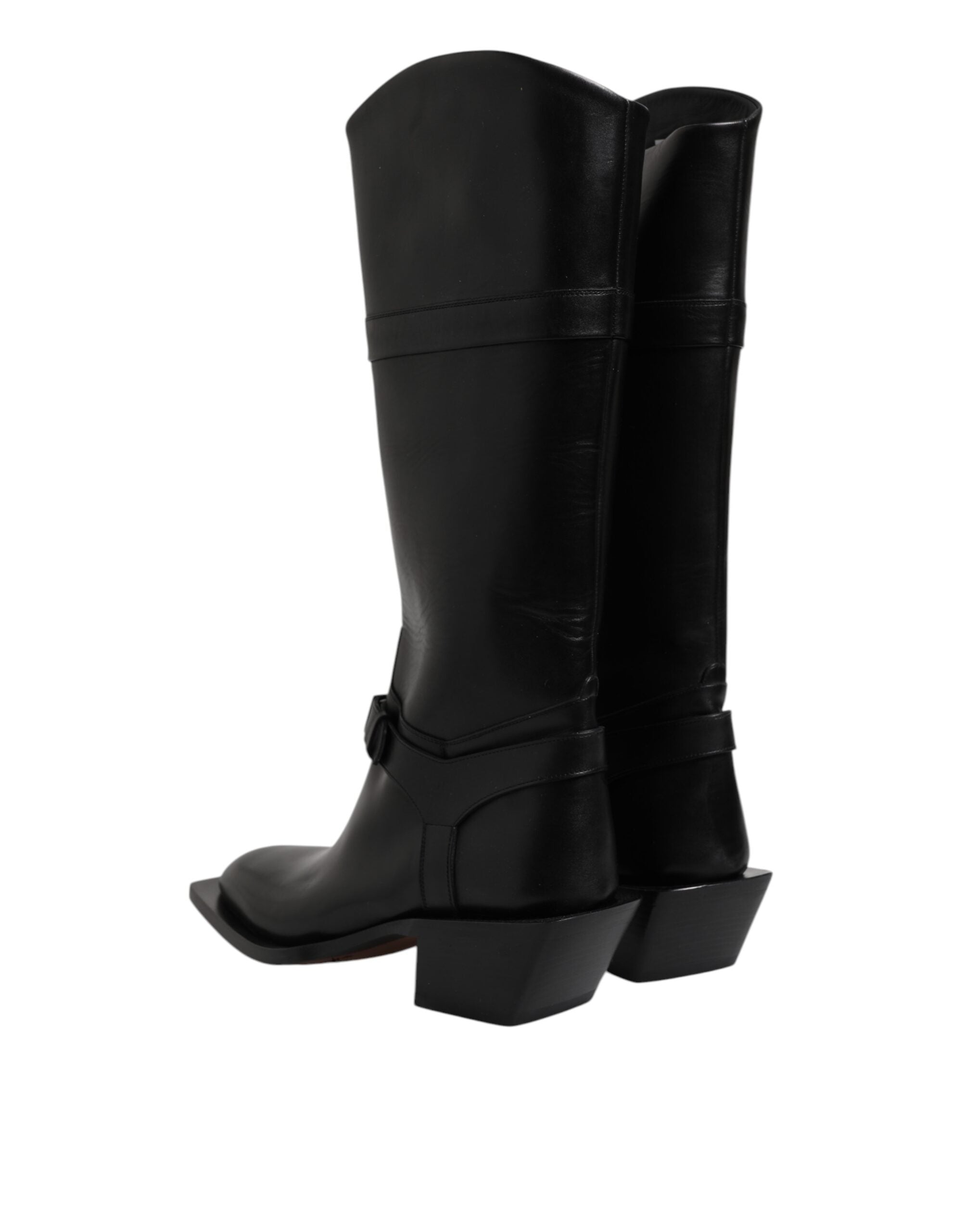 Black Leather High Boots Flats Shoes - ventzia