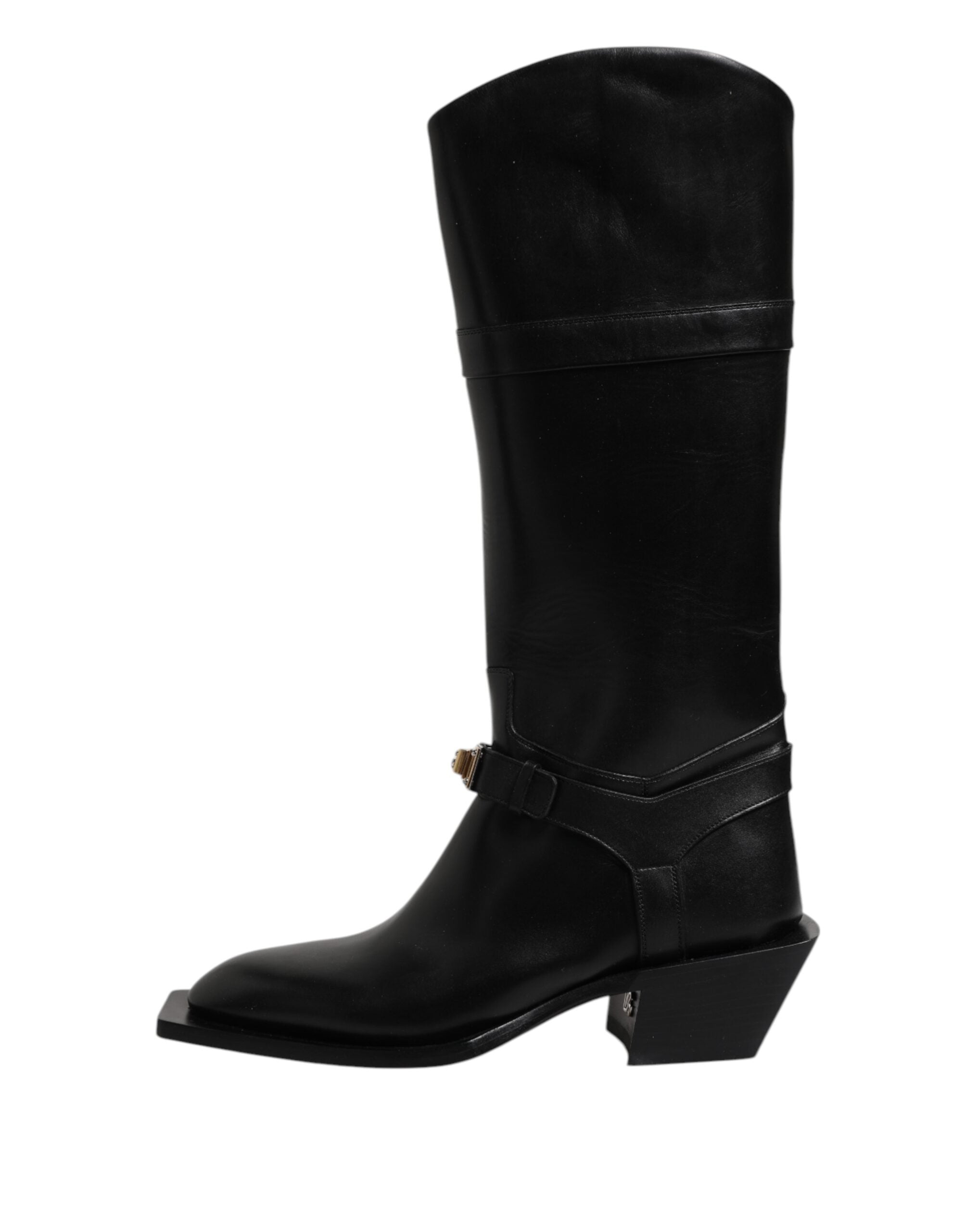 Black Leather High Boots Flats Shoes - ventzia