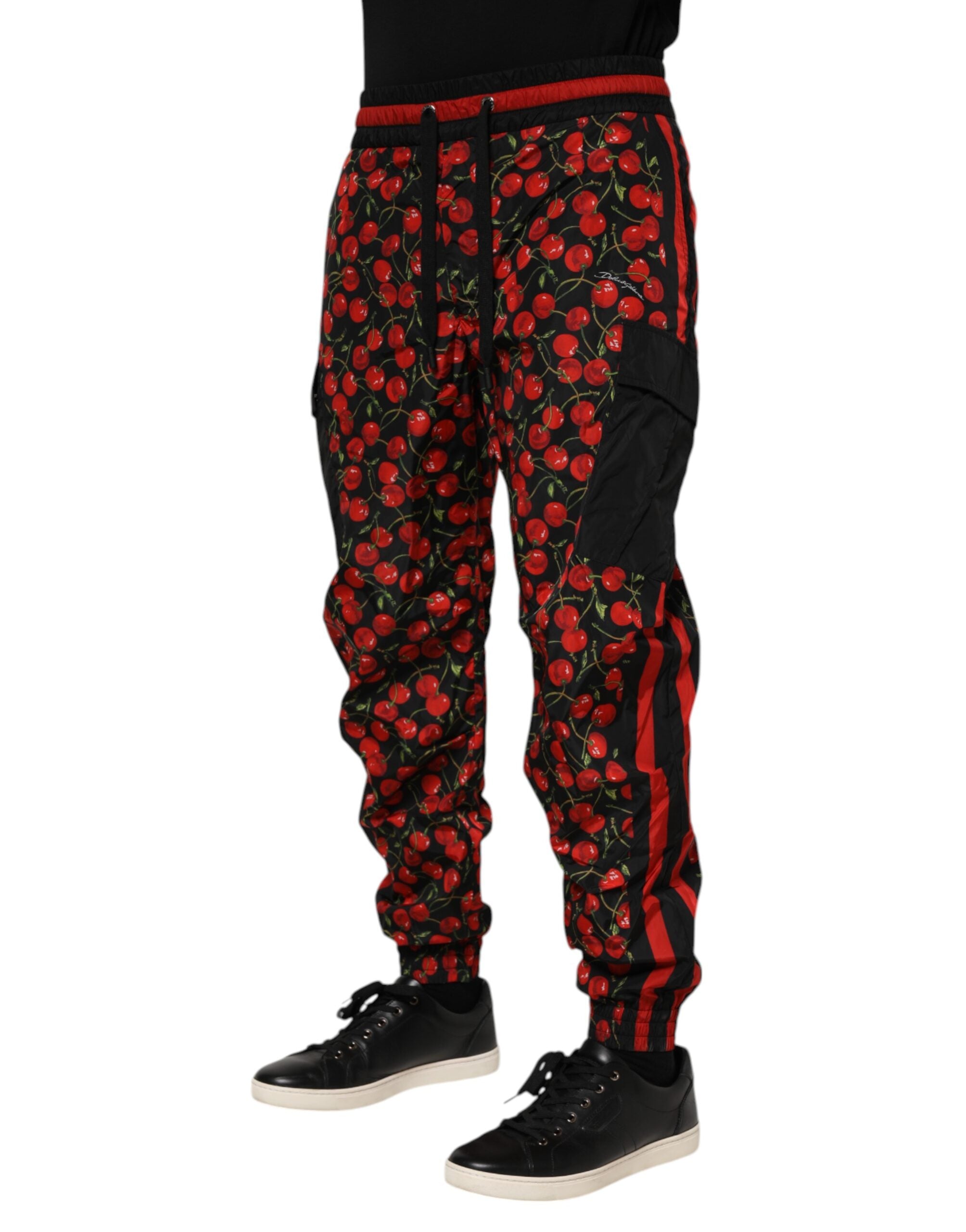 Black Red Cherry Print Men Sweatpants Pants - ventzia