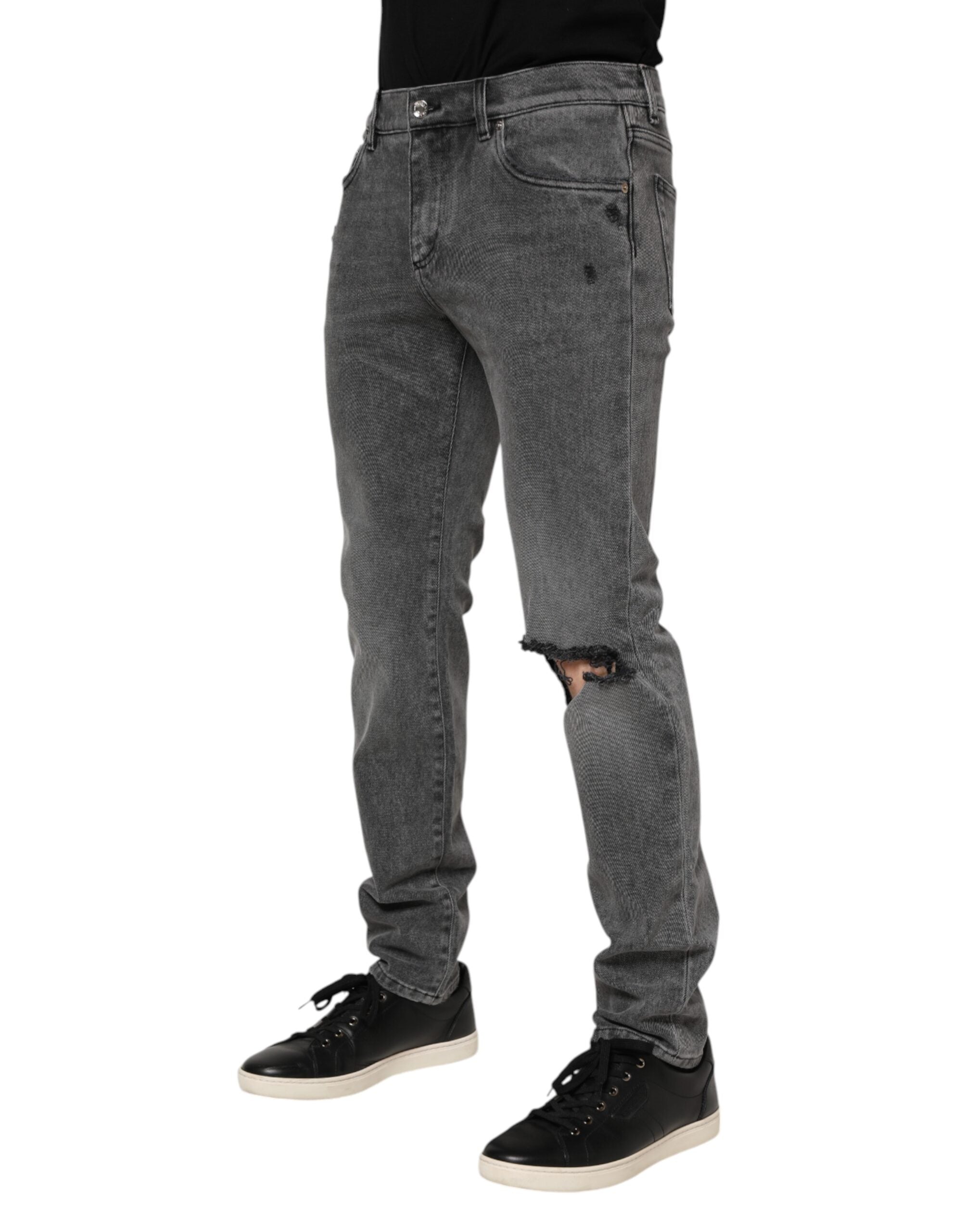 Gray Cotton Logo Plaque Denim Jeans - ventzia