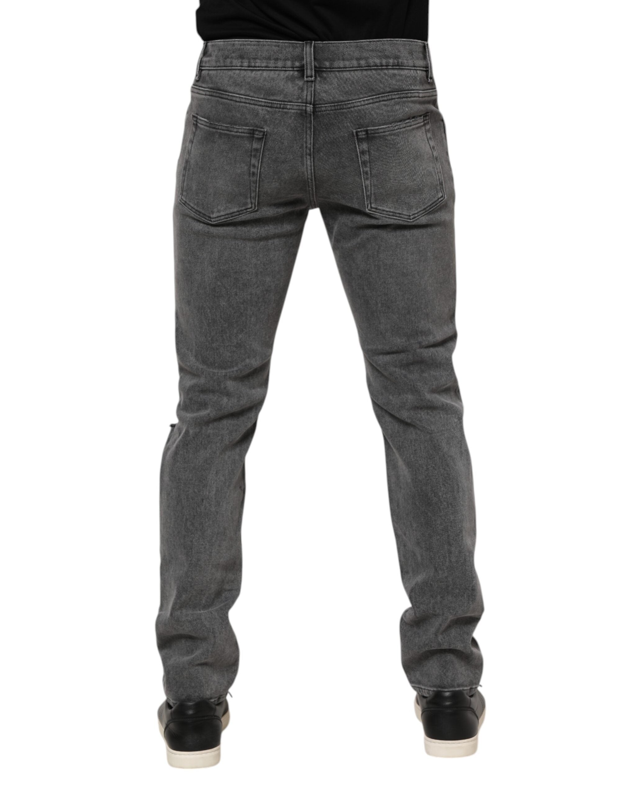 Gray Cotton Logo Plaque Denim Jeans - ventzia
