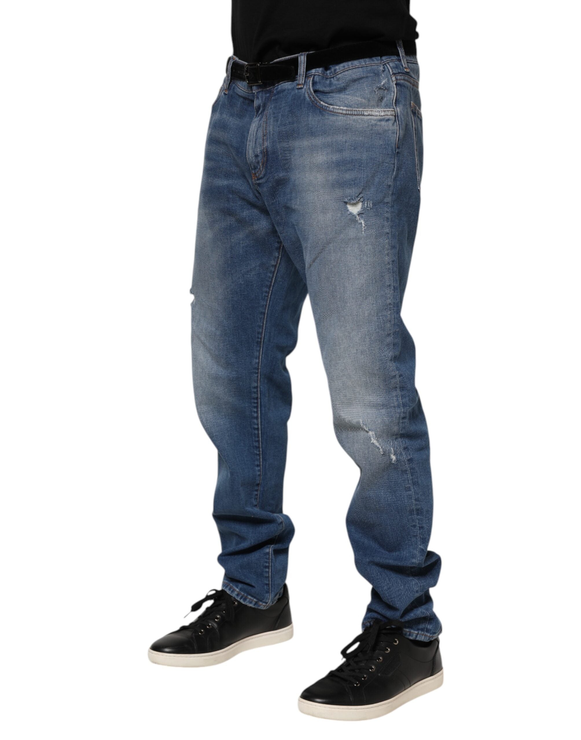 Blue Washed Cotton Logo Plaque Denim Jeans - ventzia