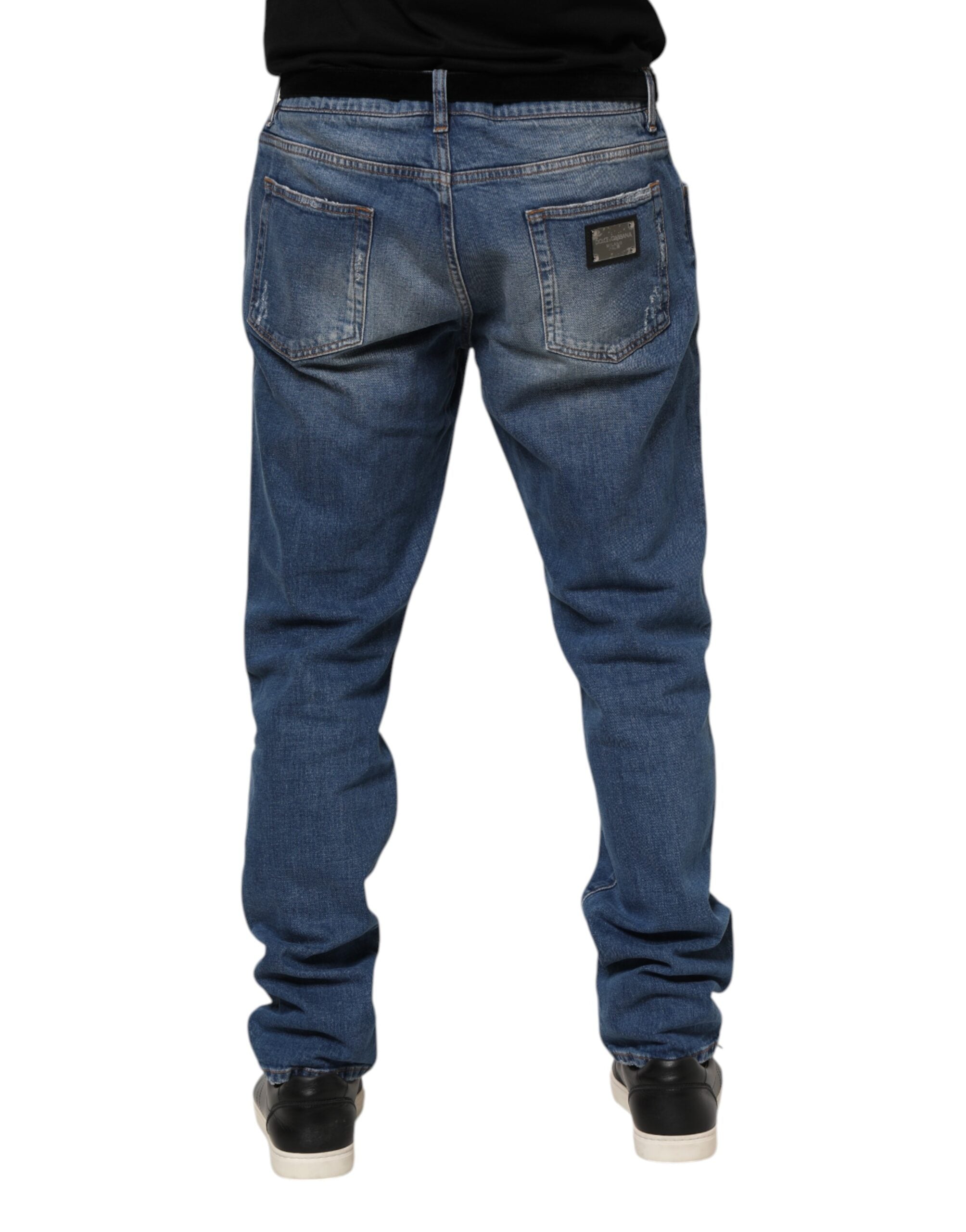 Blue Washed Cotton Logo Plaque Denim Jeans - ventzia