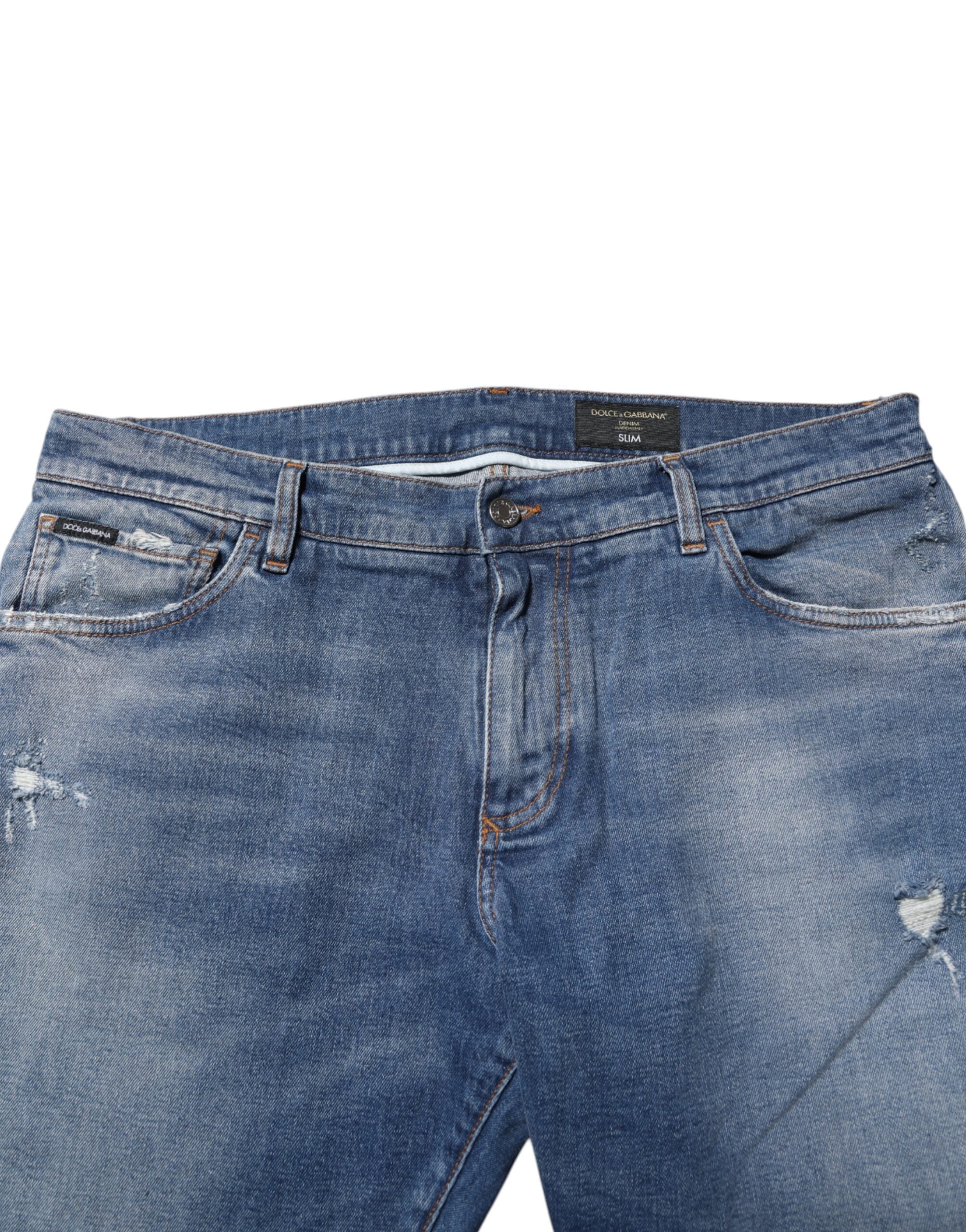 Blue Washed Cotton Logo Plaque Denim Jeans - ventzia