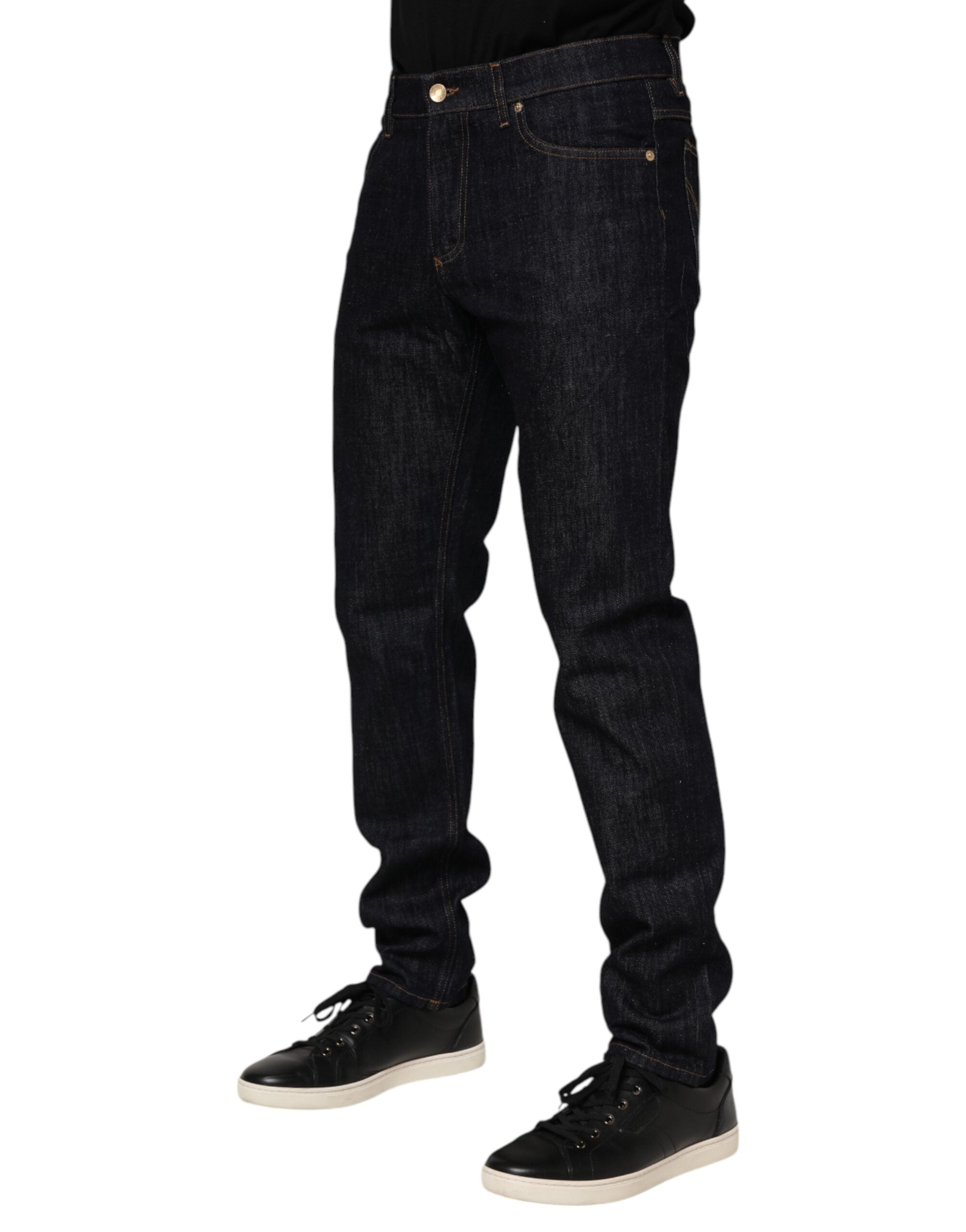 Dark Blue Cotton Logo Plaque Men Denim Jeans - ventzia