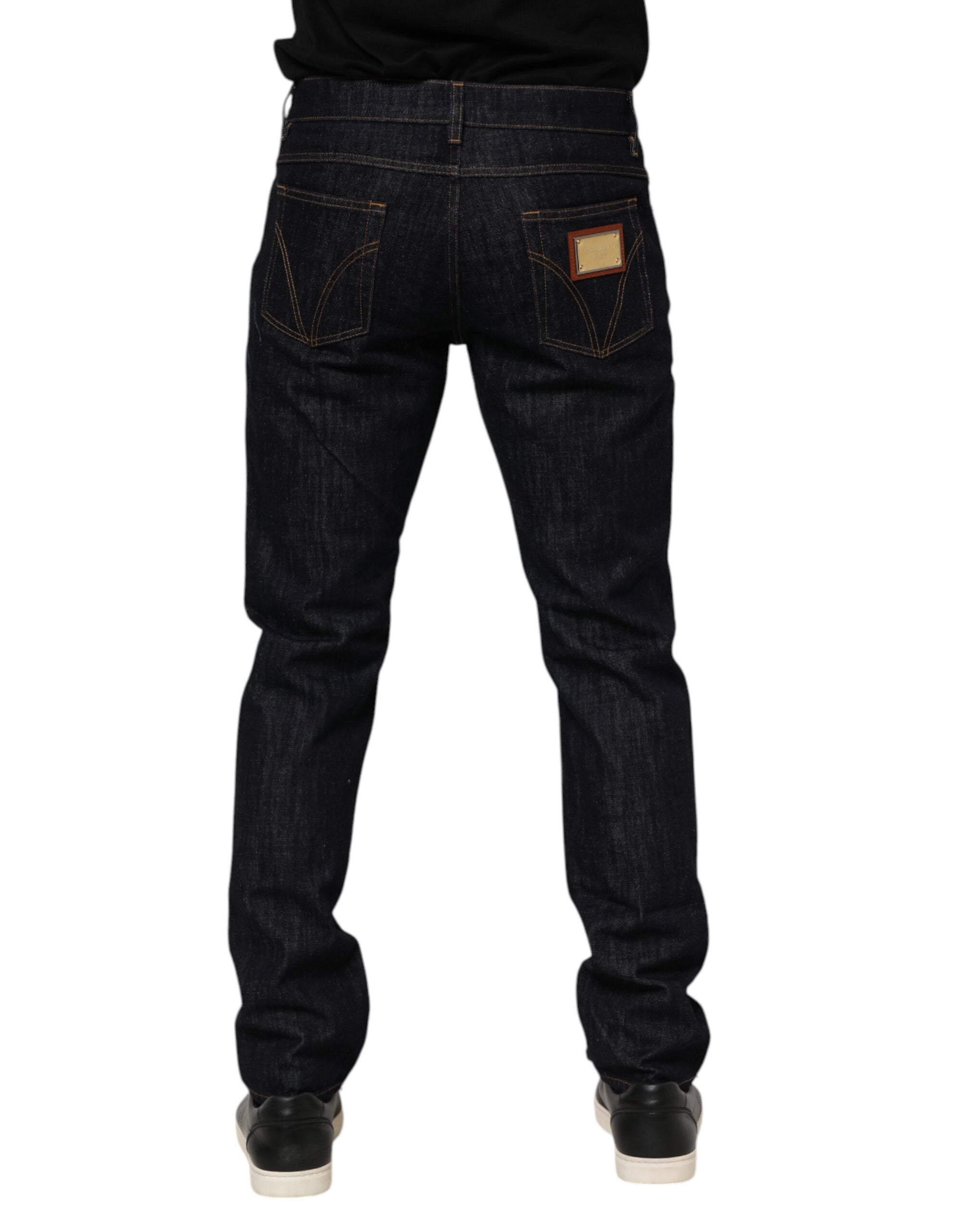 Dark Blue Cotton Logo Plaque Men Denim Jeans - ventzia