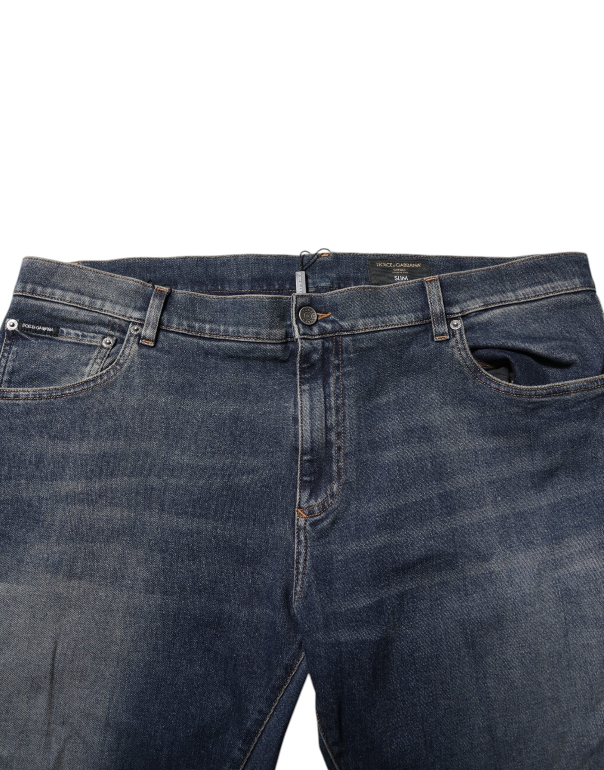 Blue Cotton Logo Plaque Slim Denim Jeans - ventzia