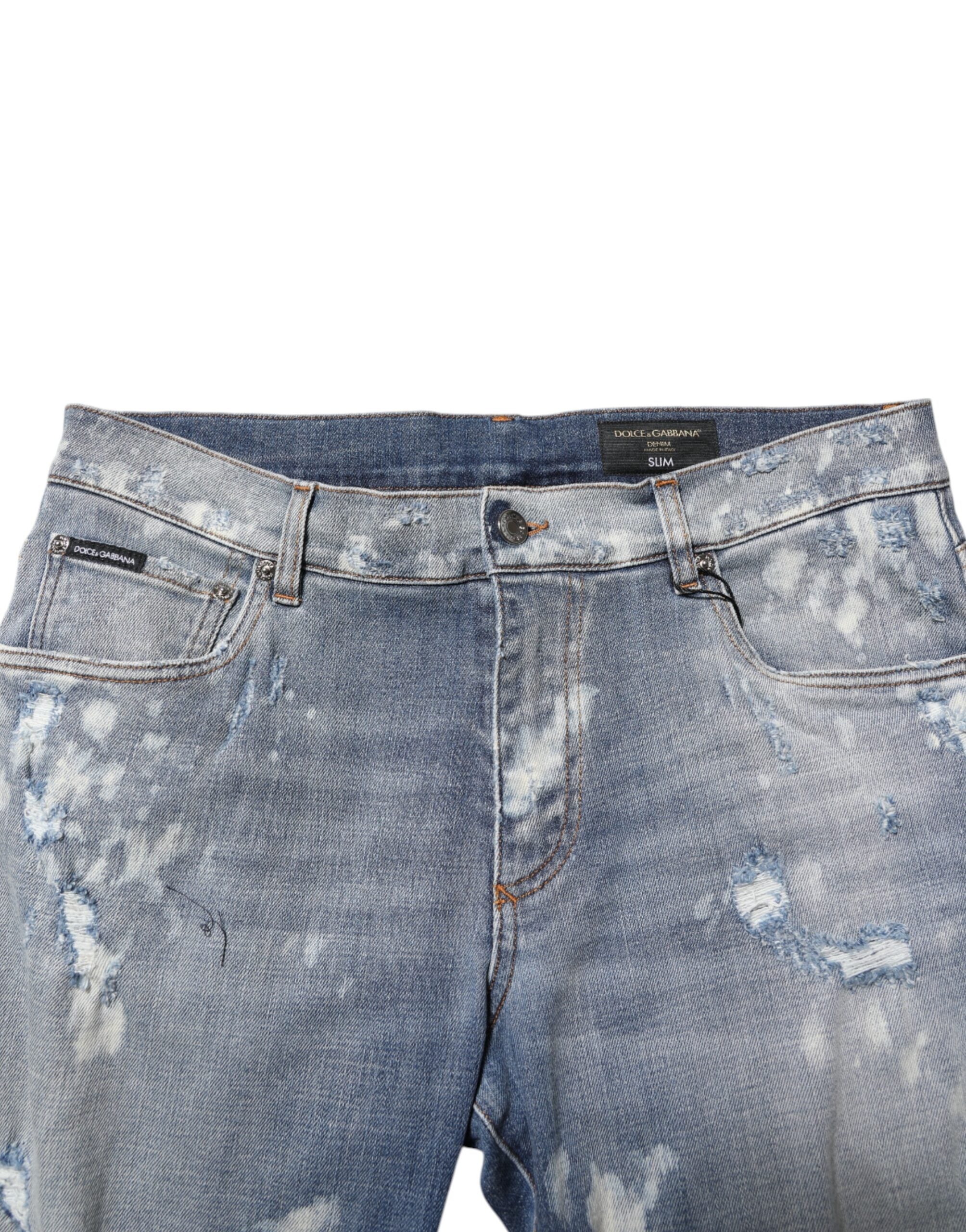 Blue Cotton Tattered Slim Fit Men Denim Jeans - ventzia