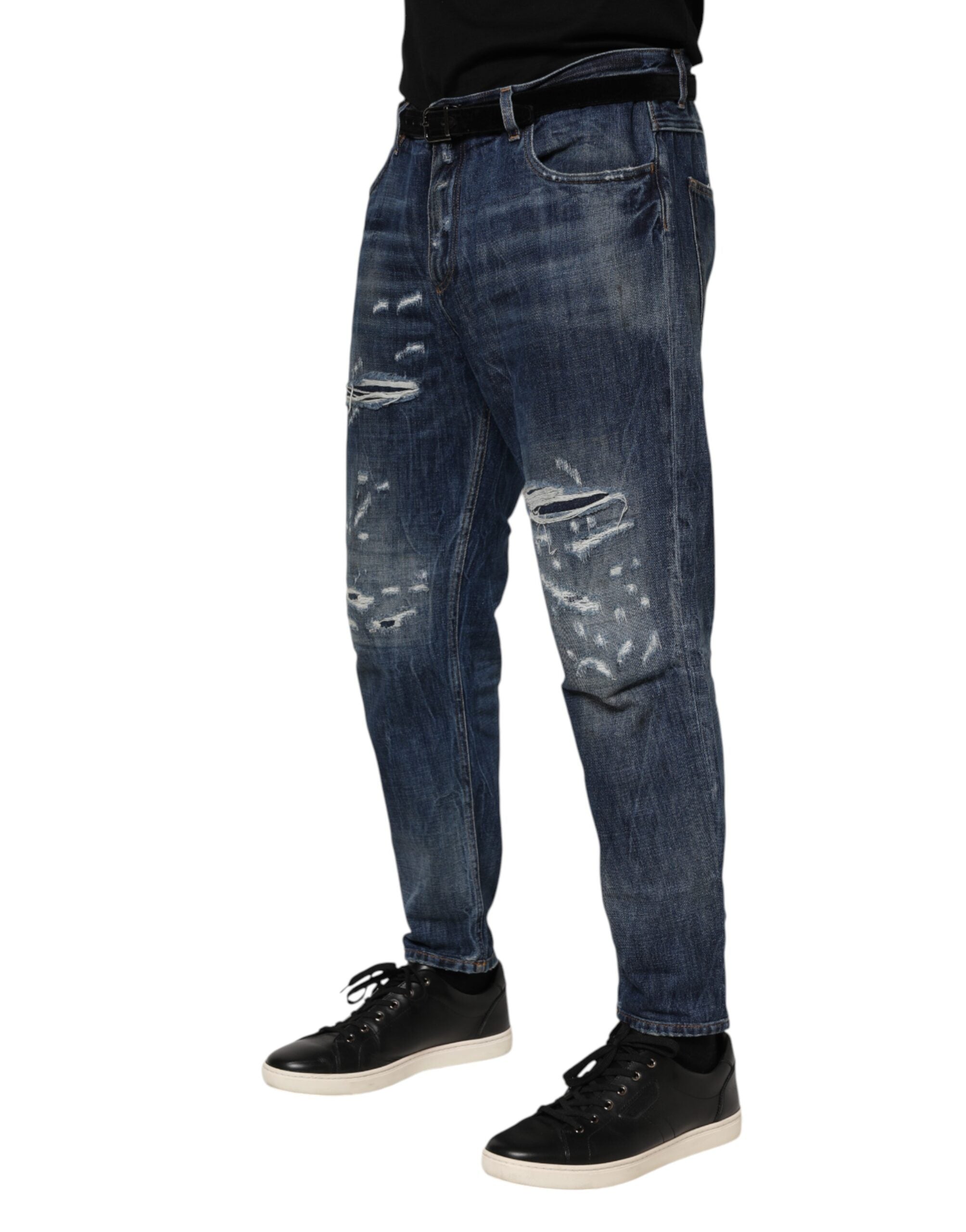 Blue Cotton Tattered Tapered Men Denim Jeans - ventzia