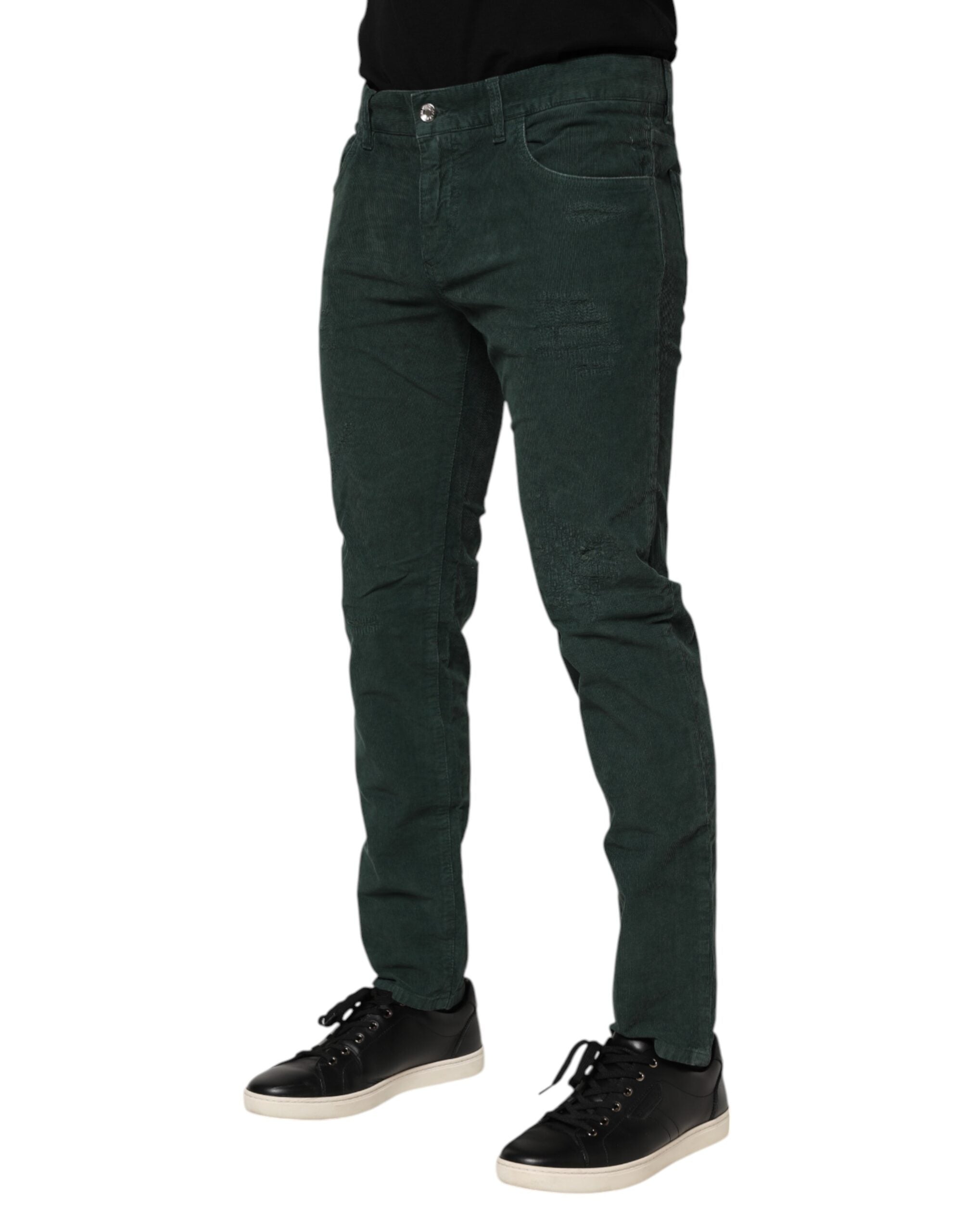 Green Cotton Corduroy Skinny Pants - ventzia