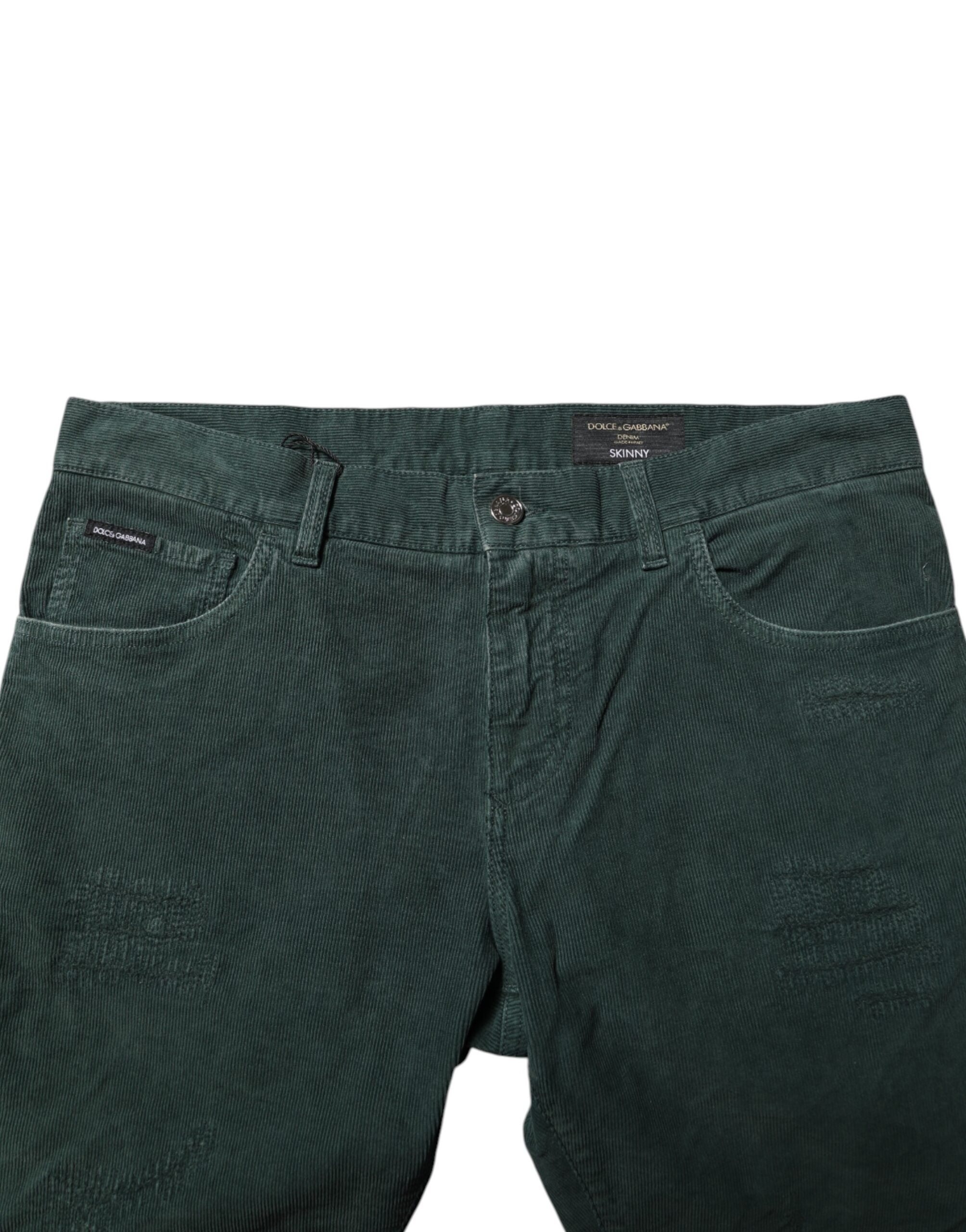 Green Cotton Corduroy Skinny Pants - ventzia