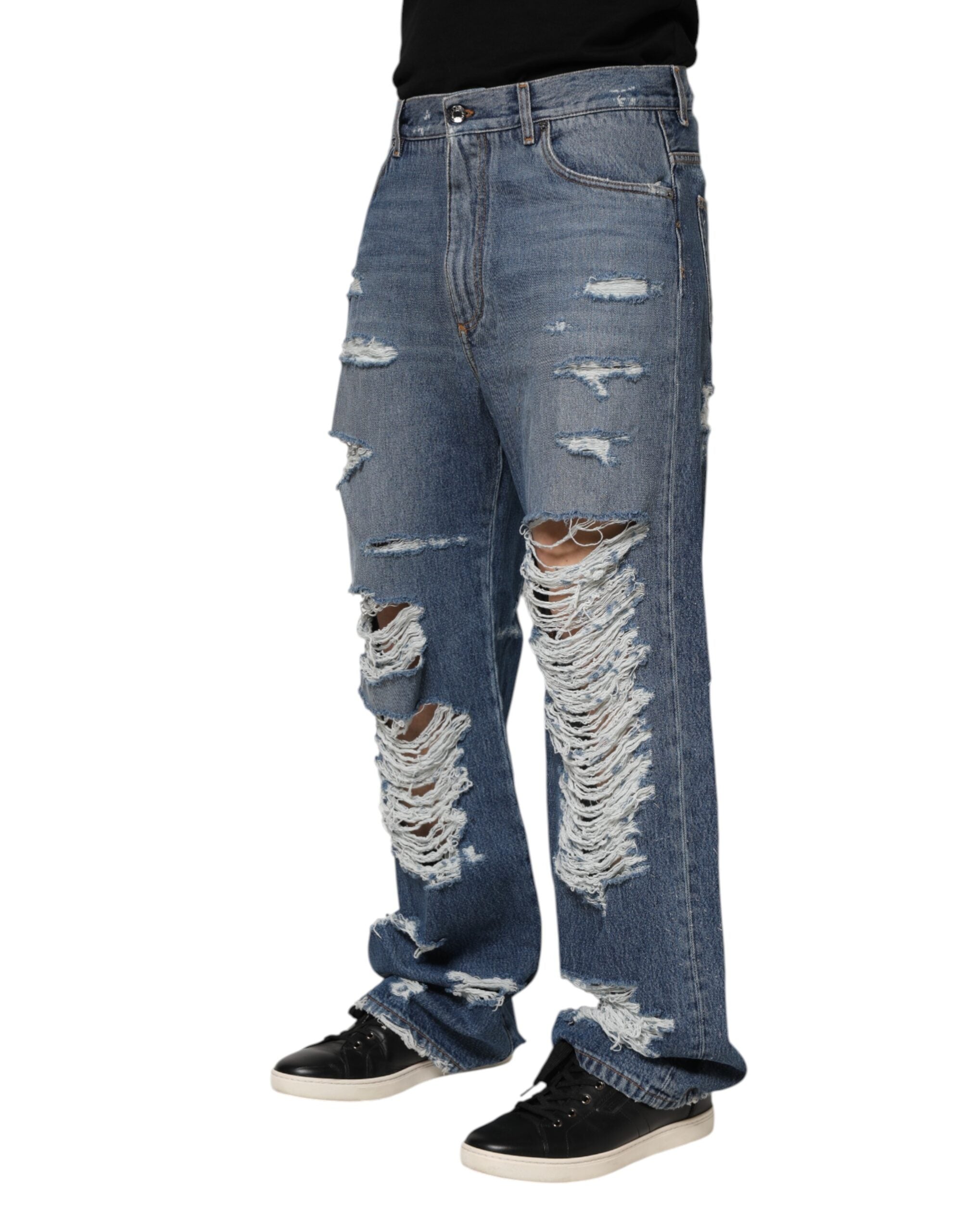 Blue Tattered Cotton Logo Plaque Denim Jeans - ventzia