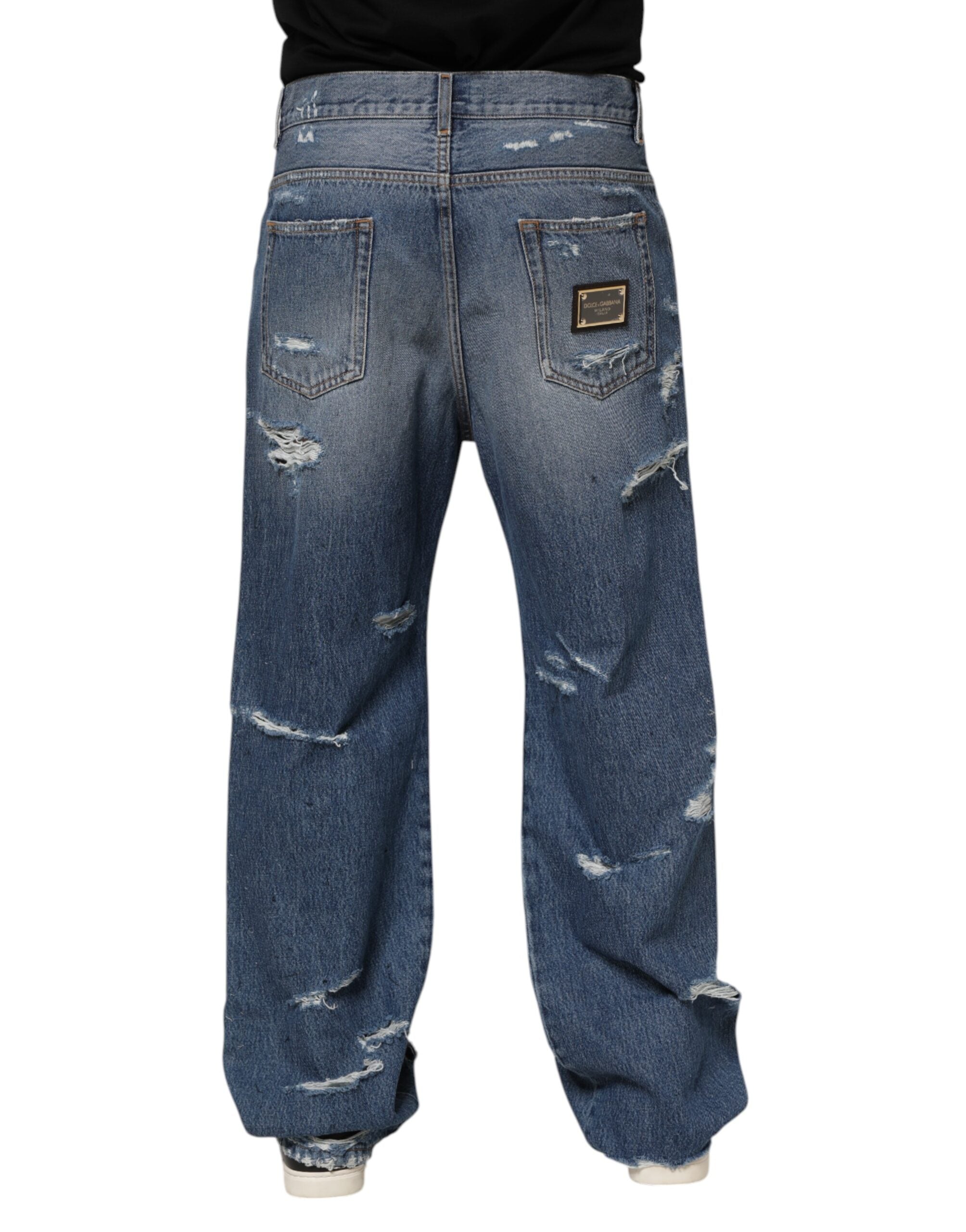 Blue Tattered Cotton Logo Plaque Denim Jeans - ventzia